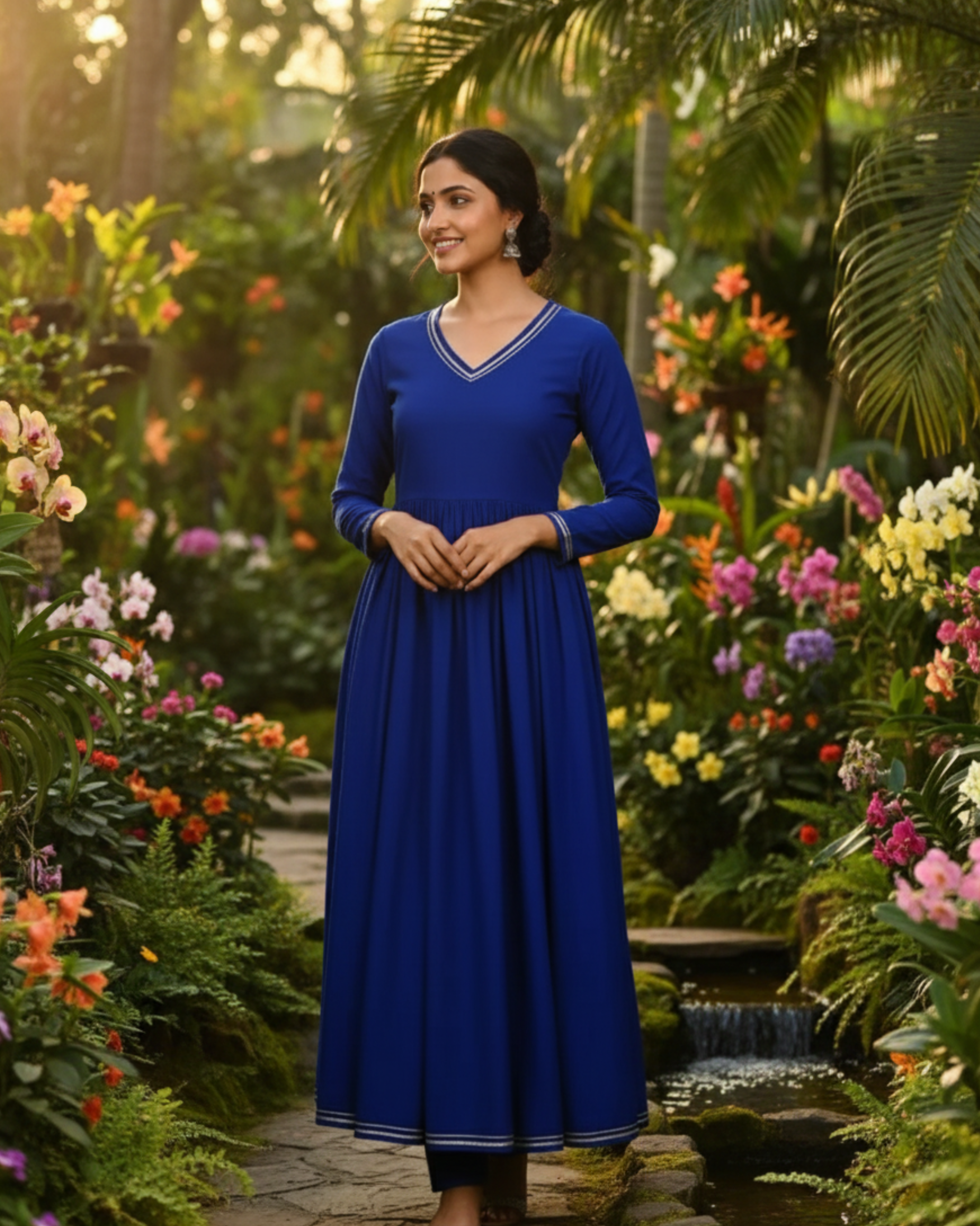 Noor Gathered Anarkali Satin Cotton Kurta & Pant Set – Royal Blue