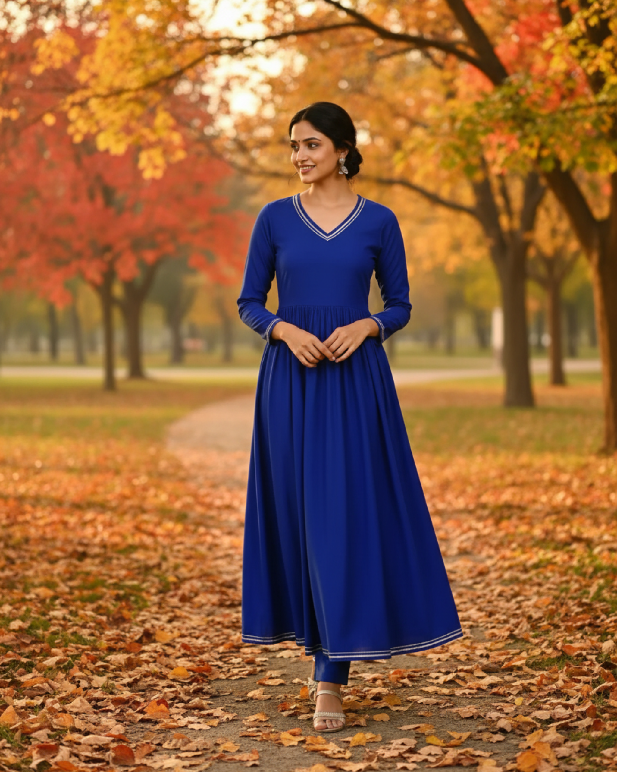Noor Gathered Anarkali Satin Cotton Kurta & Pant Set – Royal Blue