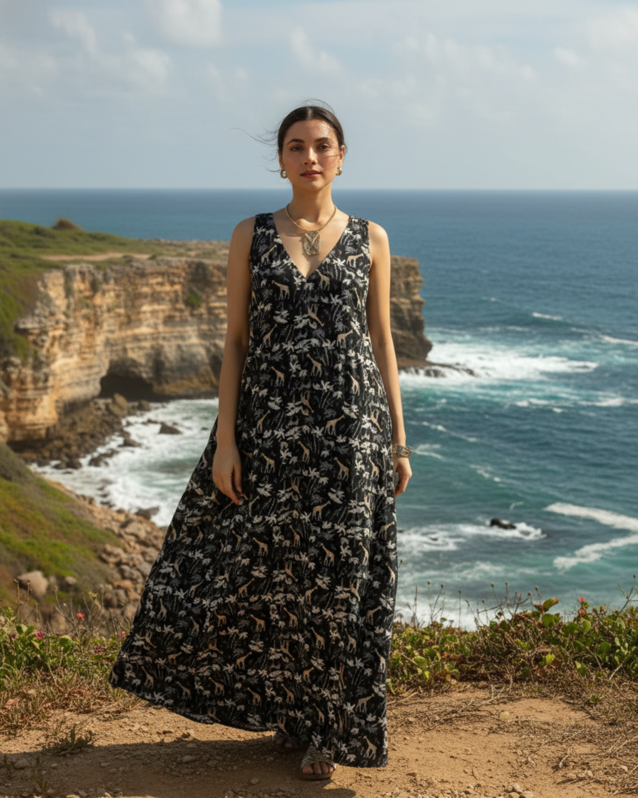 Reverie Long A-line Cotton Dress – Black Print