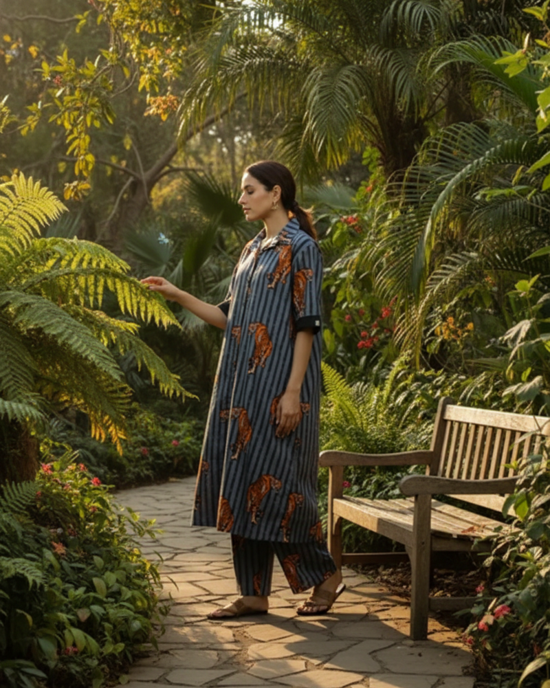 Wildrade Long Cotton Coord Set – Charcoal Tiger Print