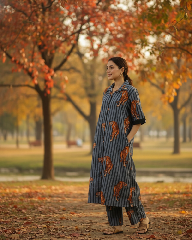 Wildrade Long Cotton Coord Set – Charcoal Tiger Print