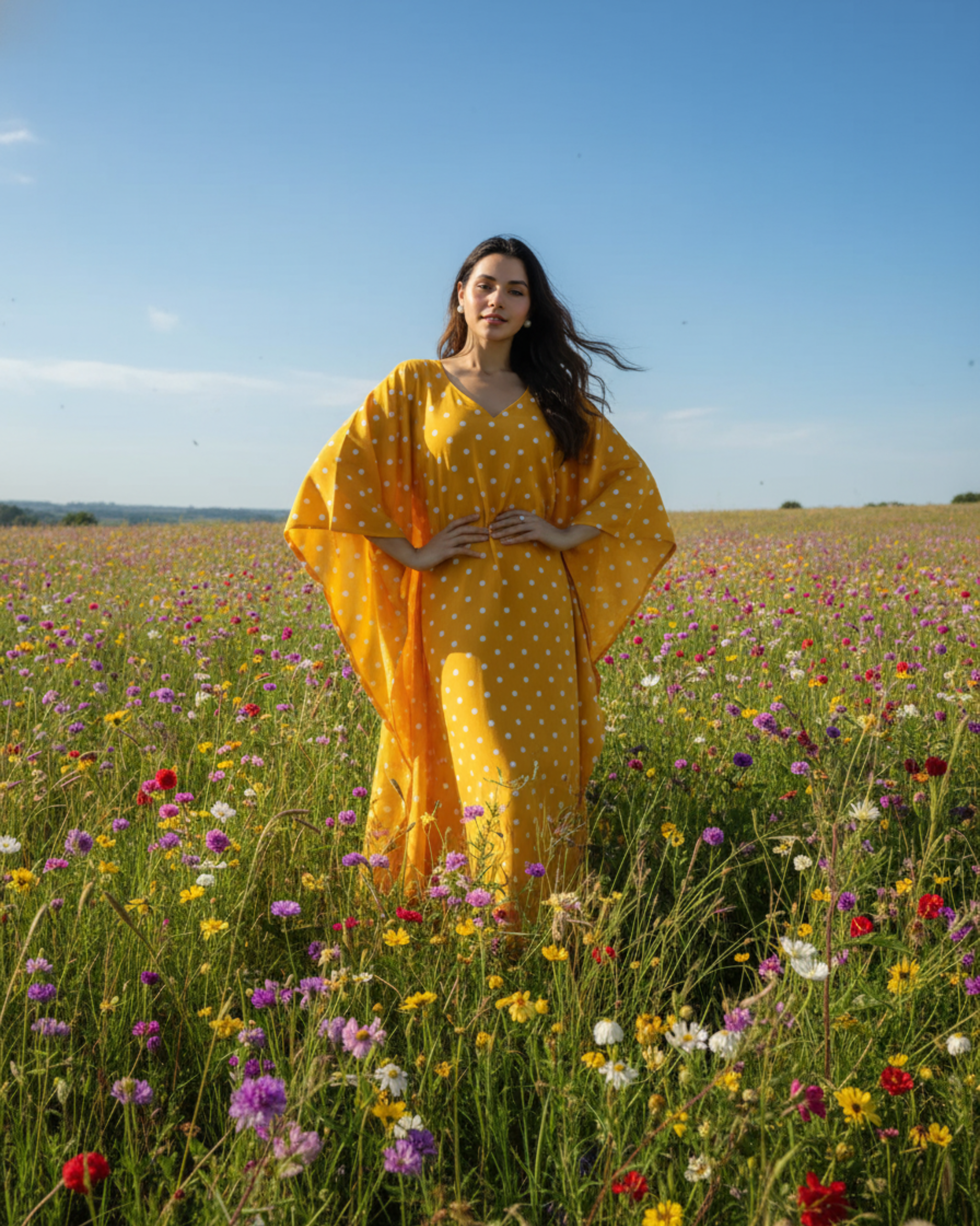 Sunshine Long Cotton Kaftan – Mustard Print