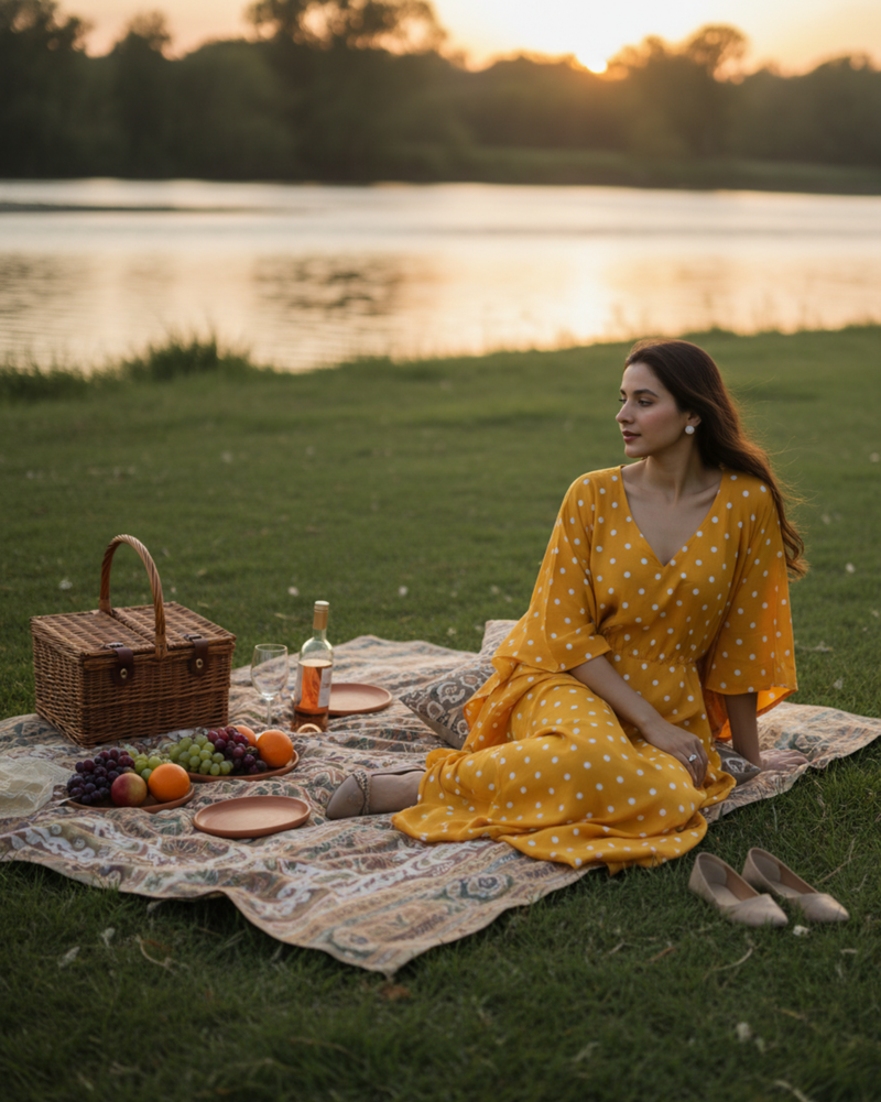 Sunshine Long Cotton Kaftan – Mustard Print