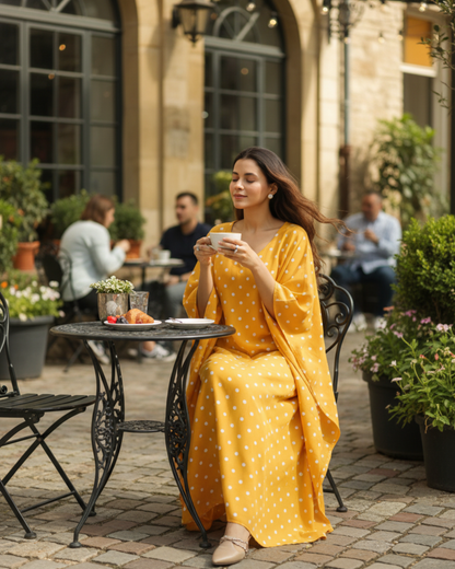 Sunshine Long Cotton Kaftan – Mustard Print