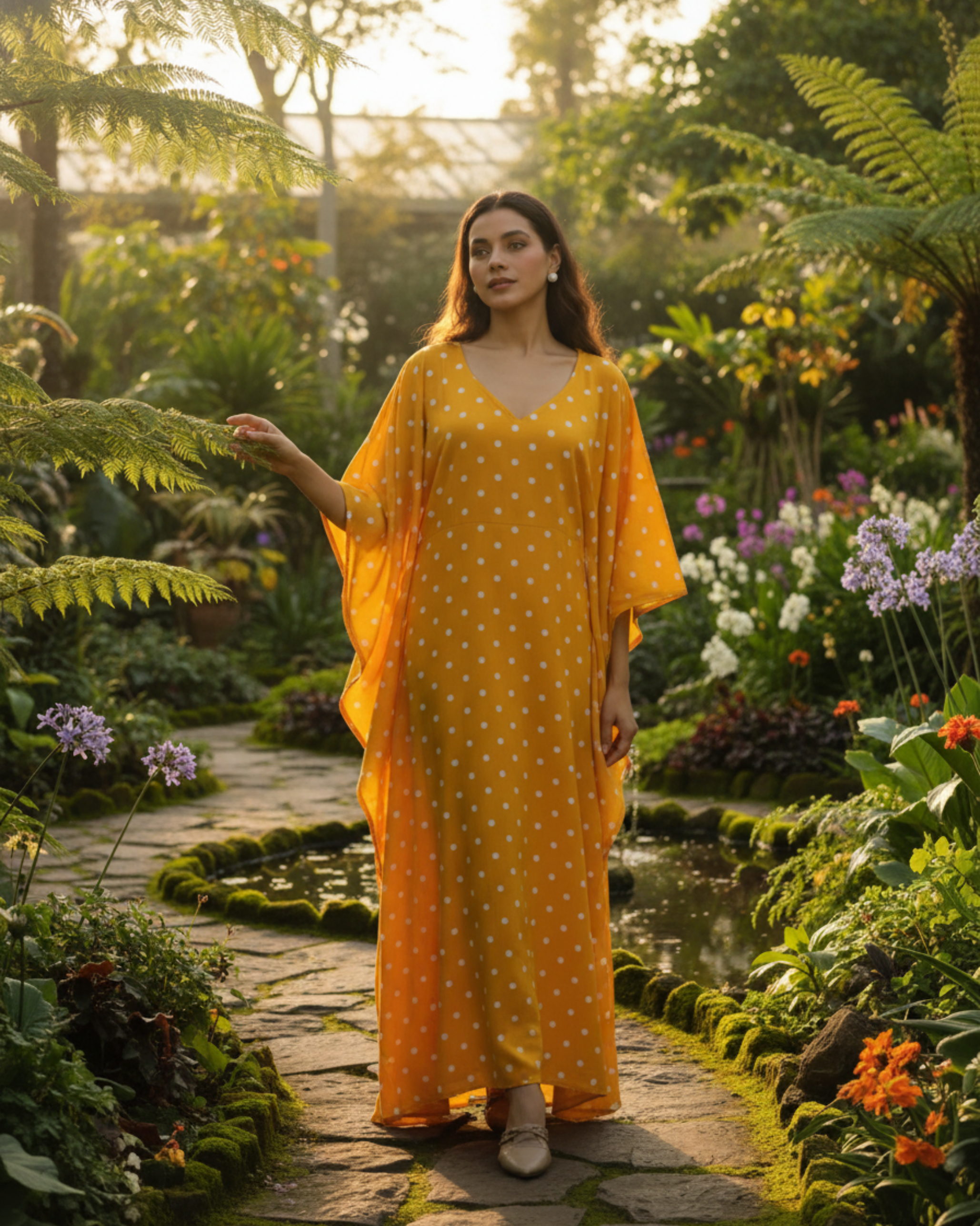Sunshine Long Cotton Kaftan – Mustard Print