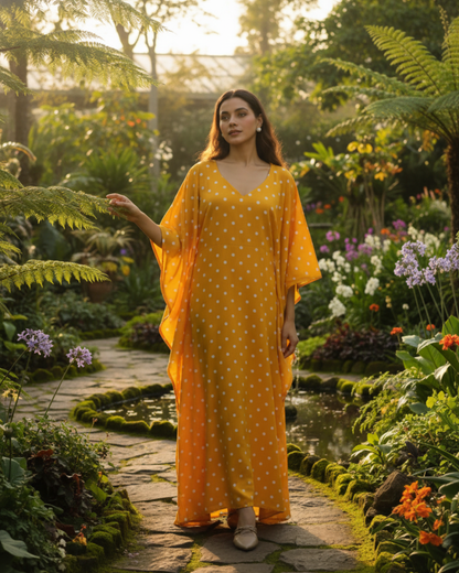 Sunshine Long Cotton Kaftan – Mustard Print
