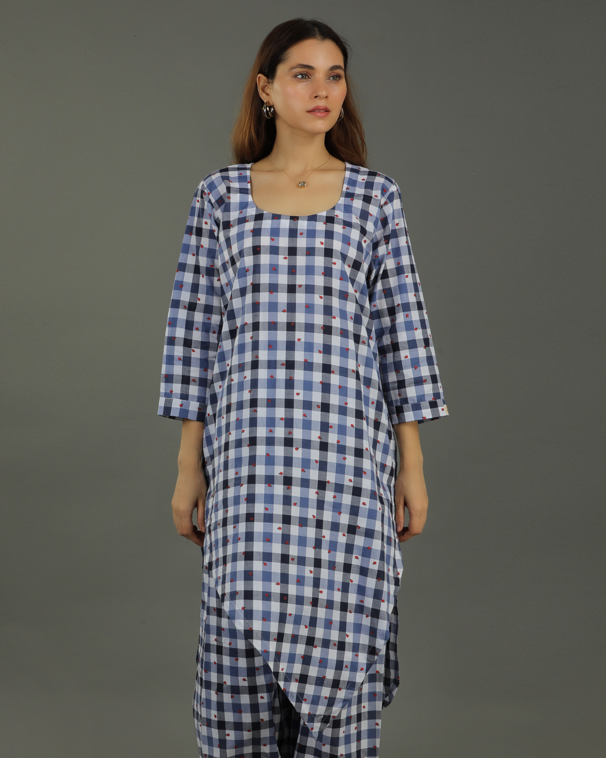 Gingham Long Overlap Cotton Kurta – Indigo Checks Print