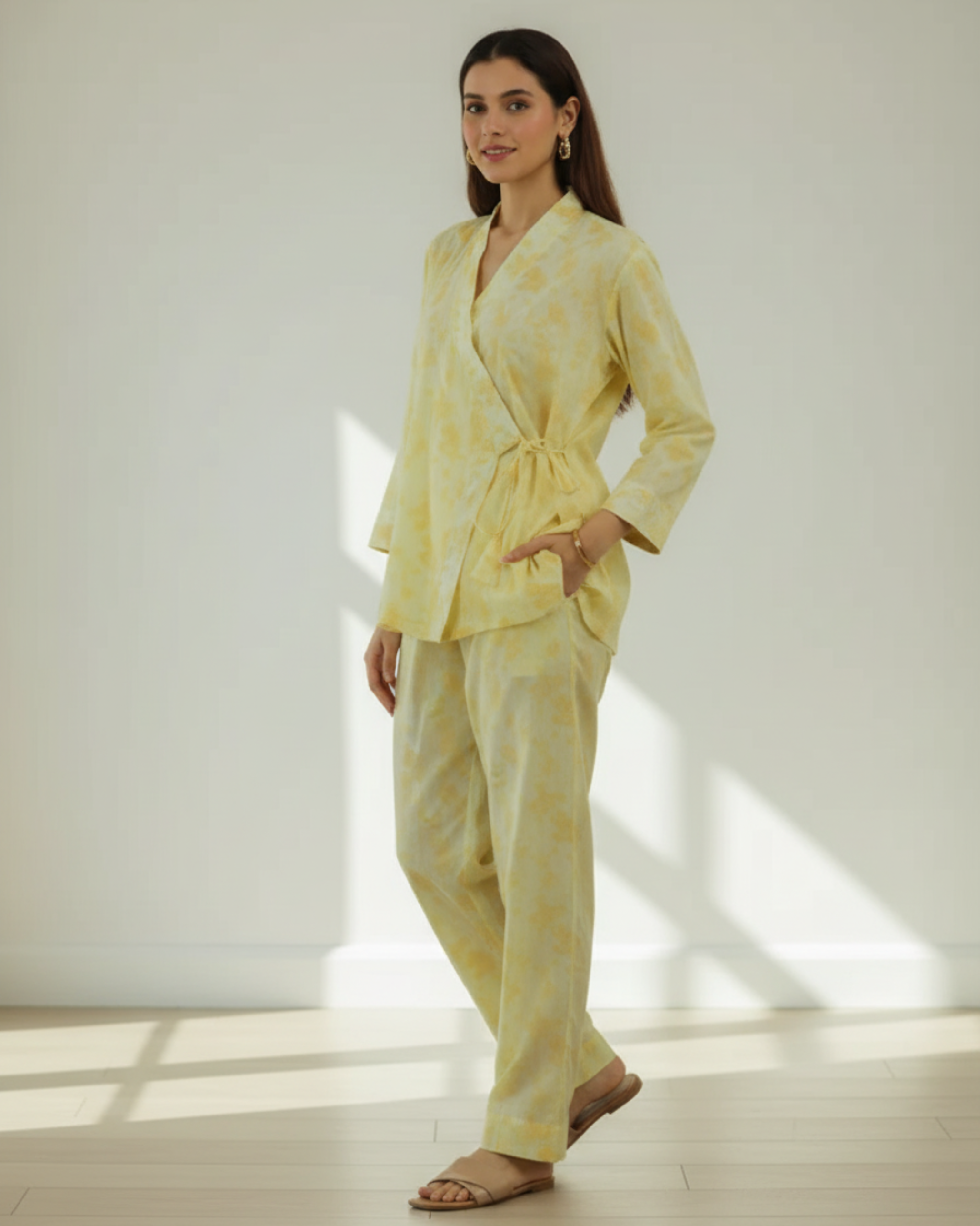 Ray Wrap Short Cotton Coord Set – Yellow Print