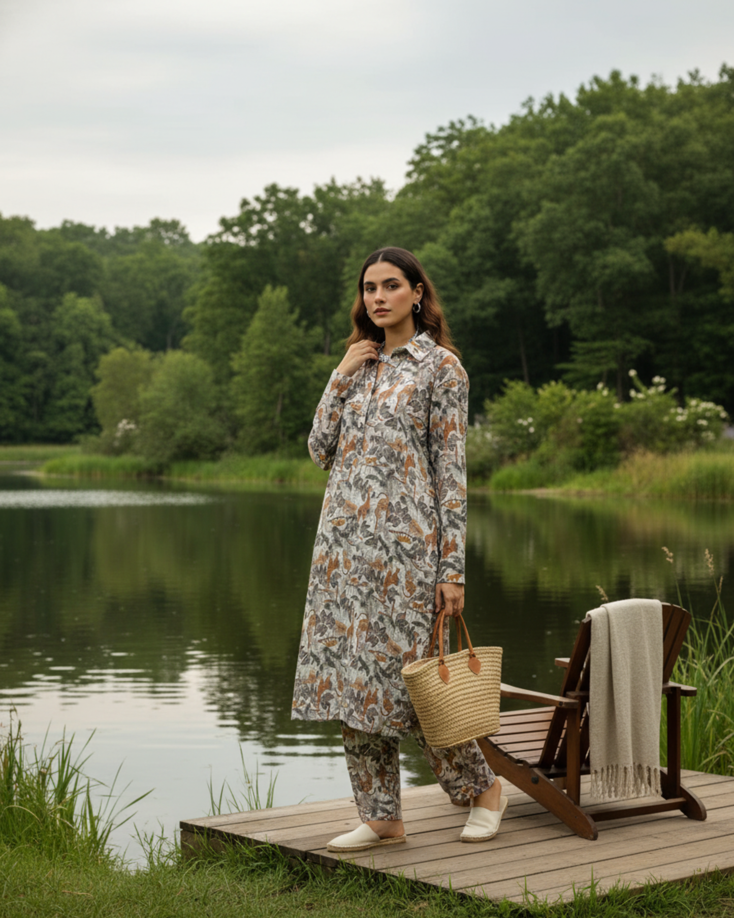 Safari Mid-Length Cotton Kurta Set – Off-White Print