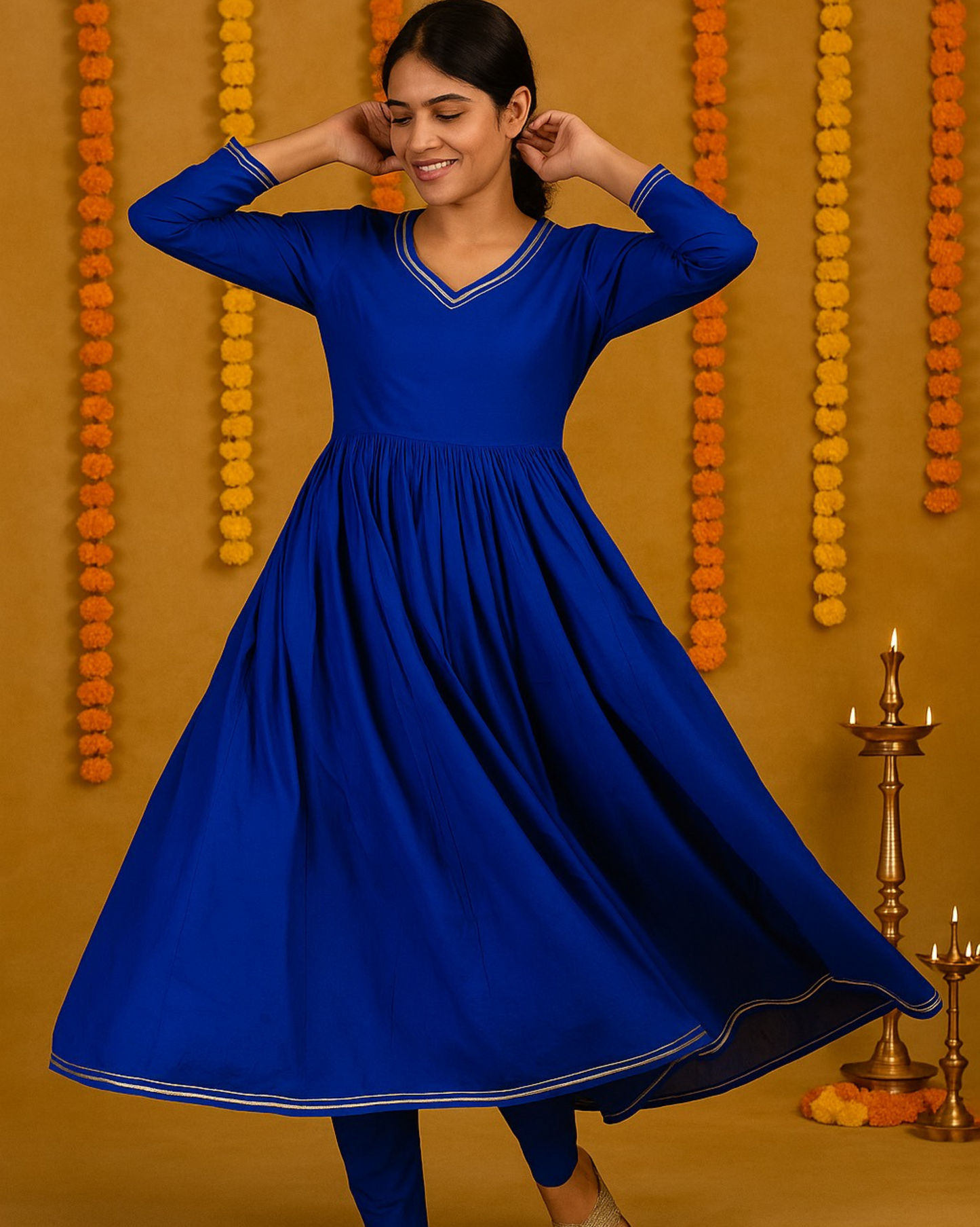 Noor Gathered Anarkali Satin Cotton Kurta & Pant Set – Royal Blue