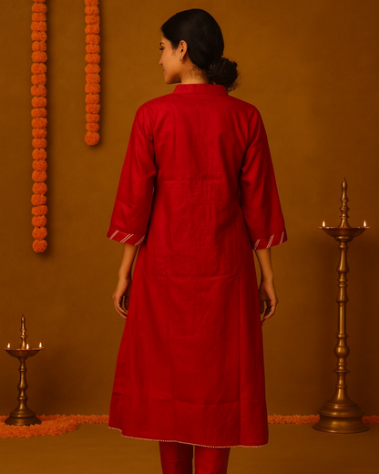 Noor Aline Satin Cotton Kurta & Pant Set – Deep Scarlet