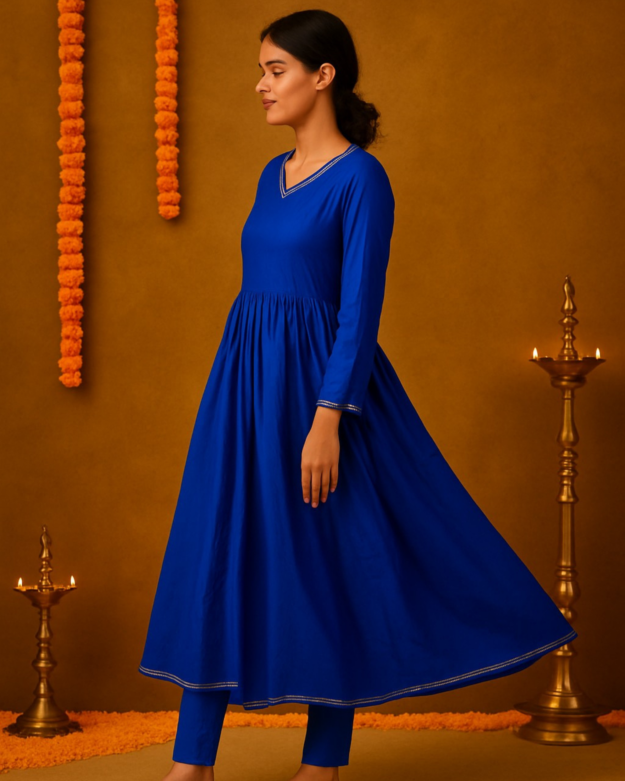 Noor Gathered Anarkali Satin Cotton Kurta & Pant Set – Royal Blue