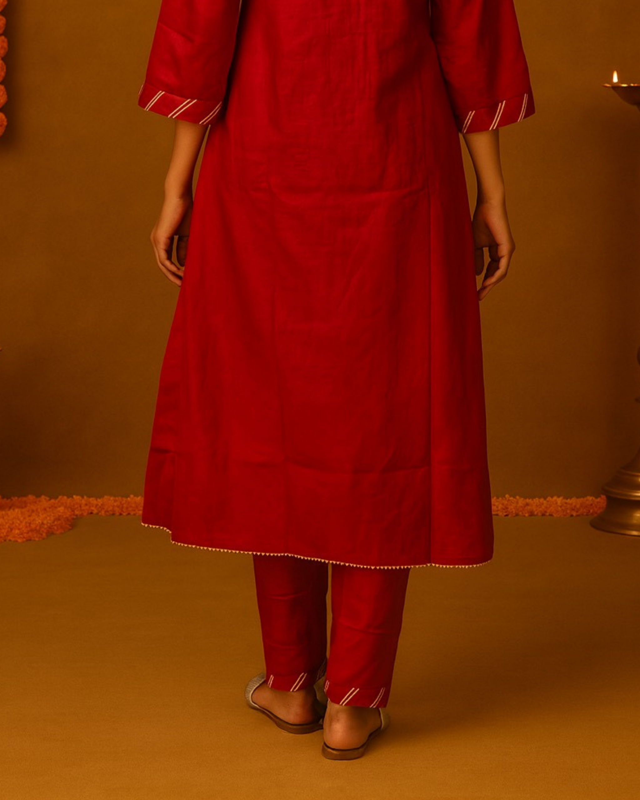 Noor Aline Satin Cotton Kurta & Pant Set – Deep Scarlet