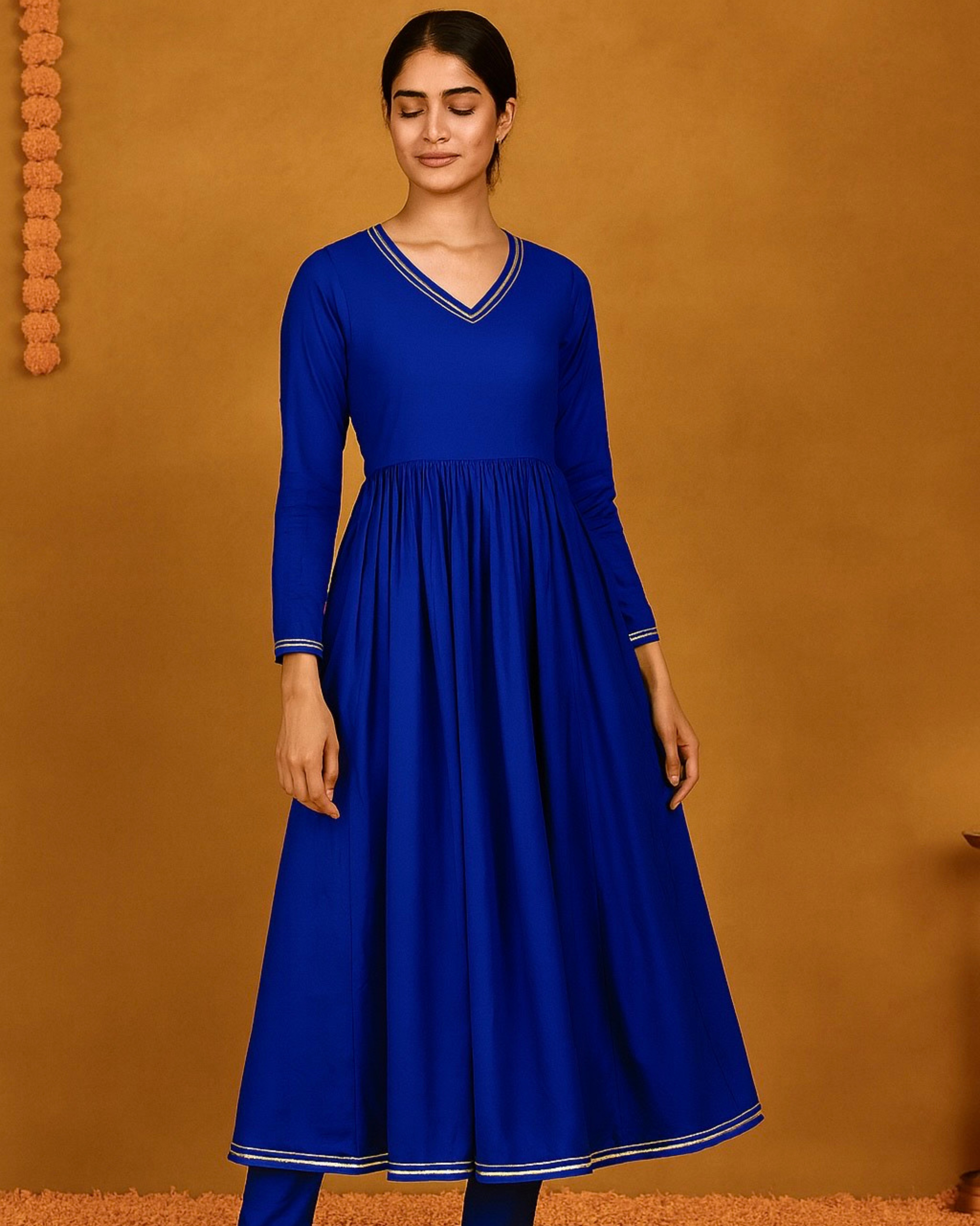 Noor Gathered Anarkali Satin Cotton Kurta & Pant Set – Royal Blue