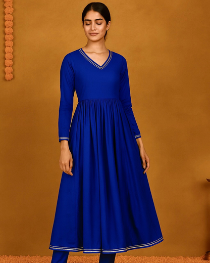 Noor Gathered Anarkali Satin Cotton Kurta & Pant Set – Royal Blue