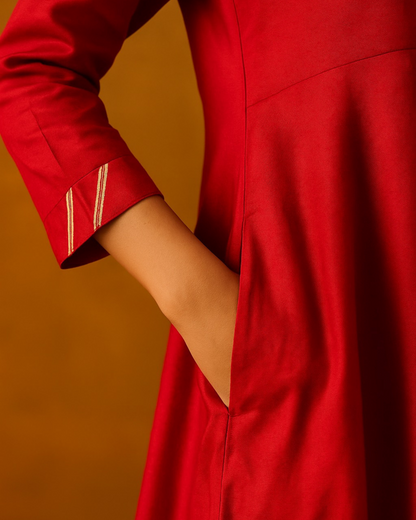 Noor Aline Satin Cotton Kurta & Pant Set – Deep Scarlet