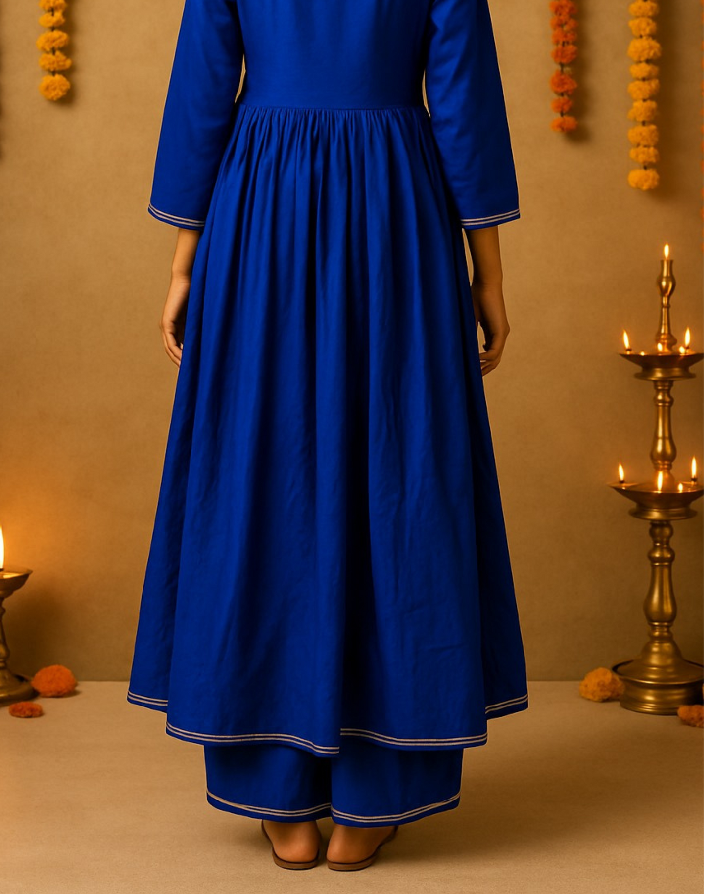 Noor Gathered Anarkali Satin Cotton Kurta & Pant Set – Royal Blue
