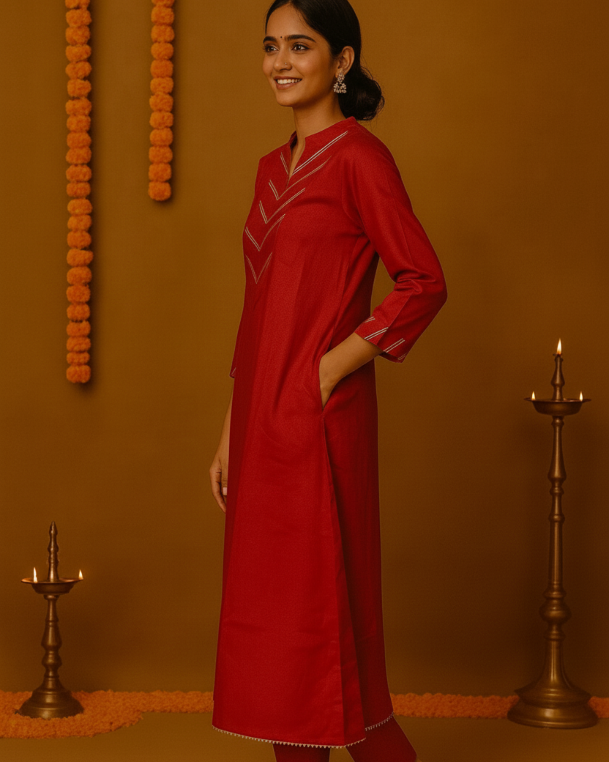 Noor Aline Satin Cotton Kurta & Pant Set – Deep Scarlet