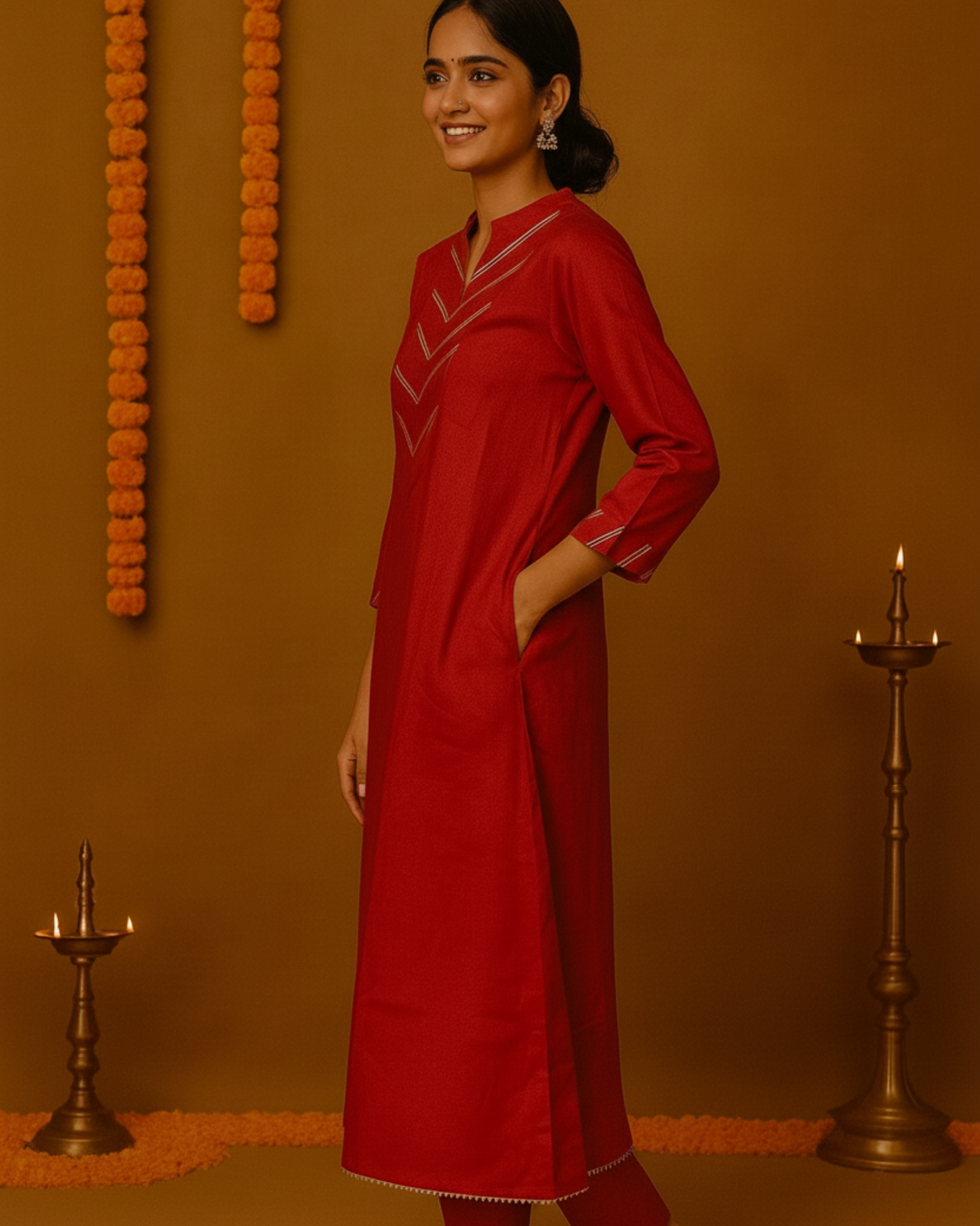 Noor Aline Satin Cotton Kurta & Pant Set – Deep Scarlet