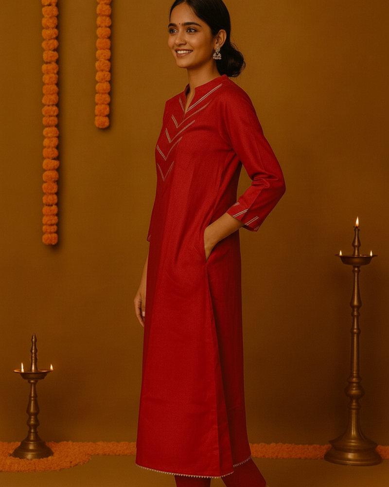 Noor Aline Satin Cotton Kurta & Pant Set – Deep Scarlet