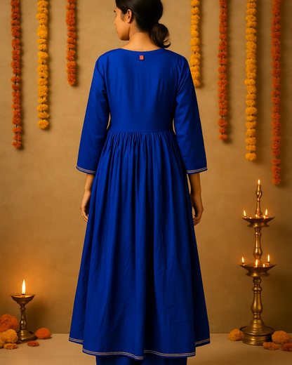 Noor Gathered Anarkali Satin Cotton Kurta & Pant Set – Royal Blue