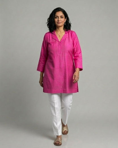 Fuchsia Cotton Satin Short Co-ord Set with Ivory Pants