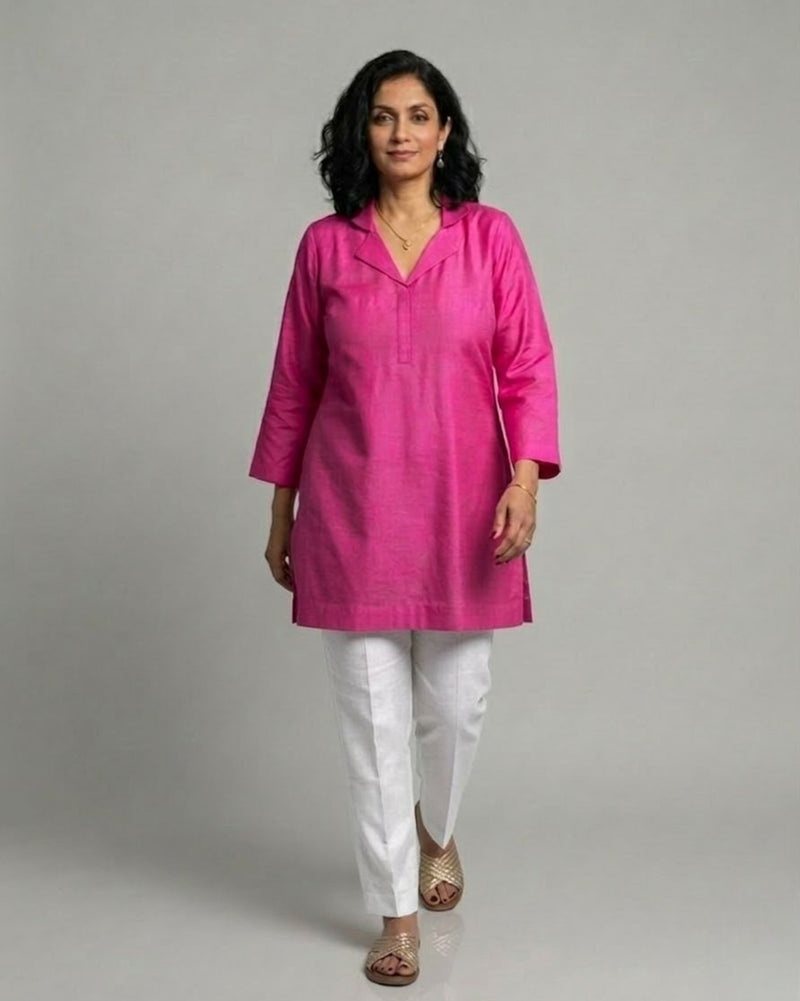 Fuchsia Cotton Satin Short Co-ord Set with Ivory Pants