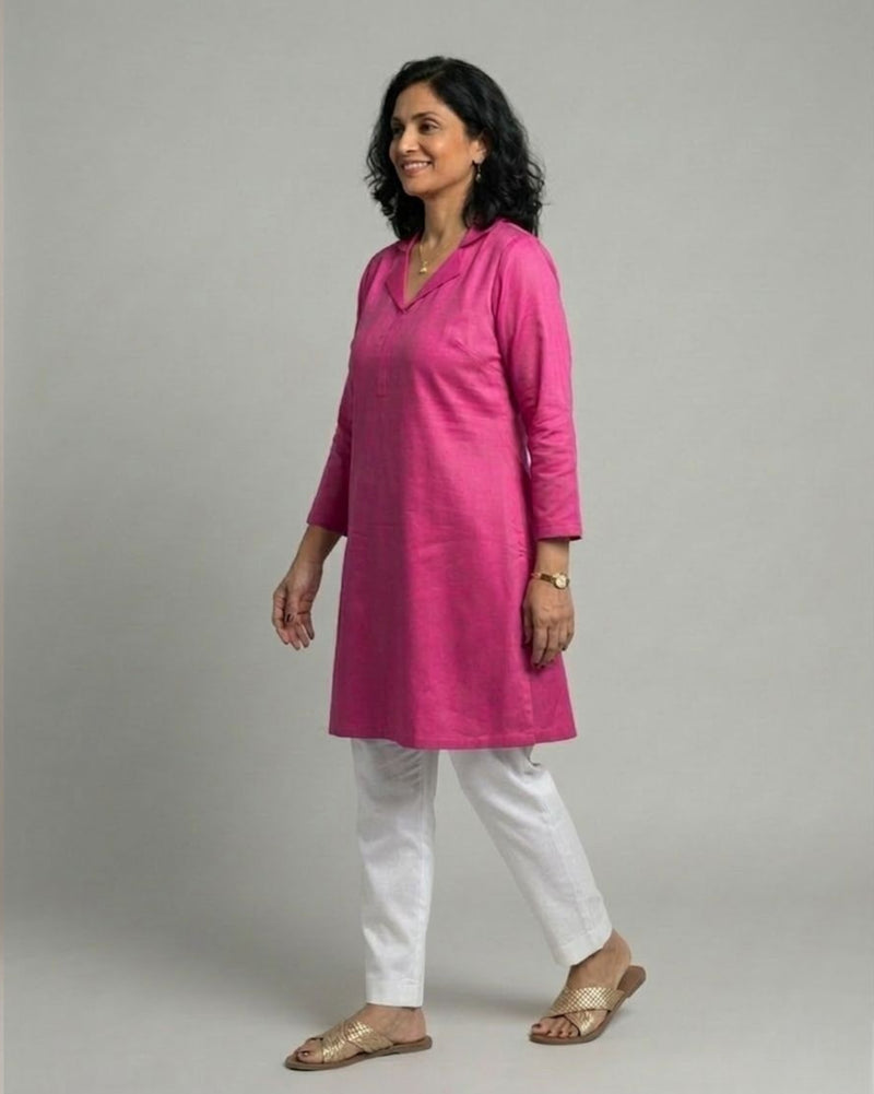 Fuchsia Cotton Satin Short Co-ord Set with Ivory Pants