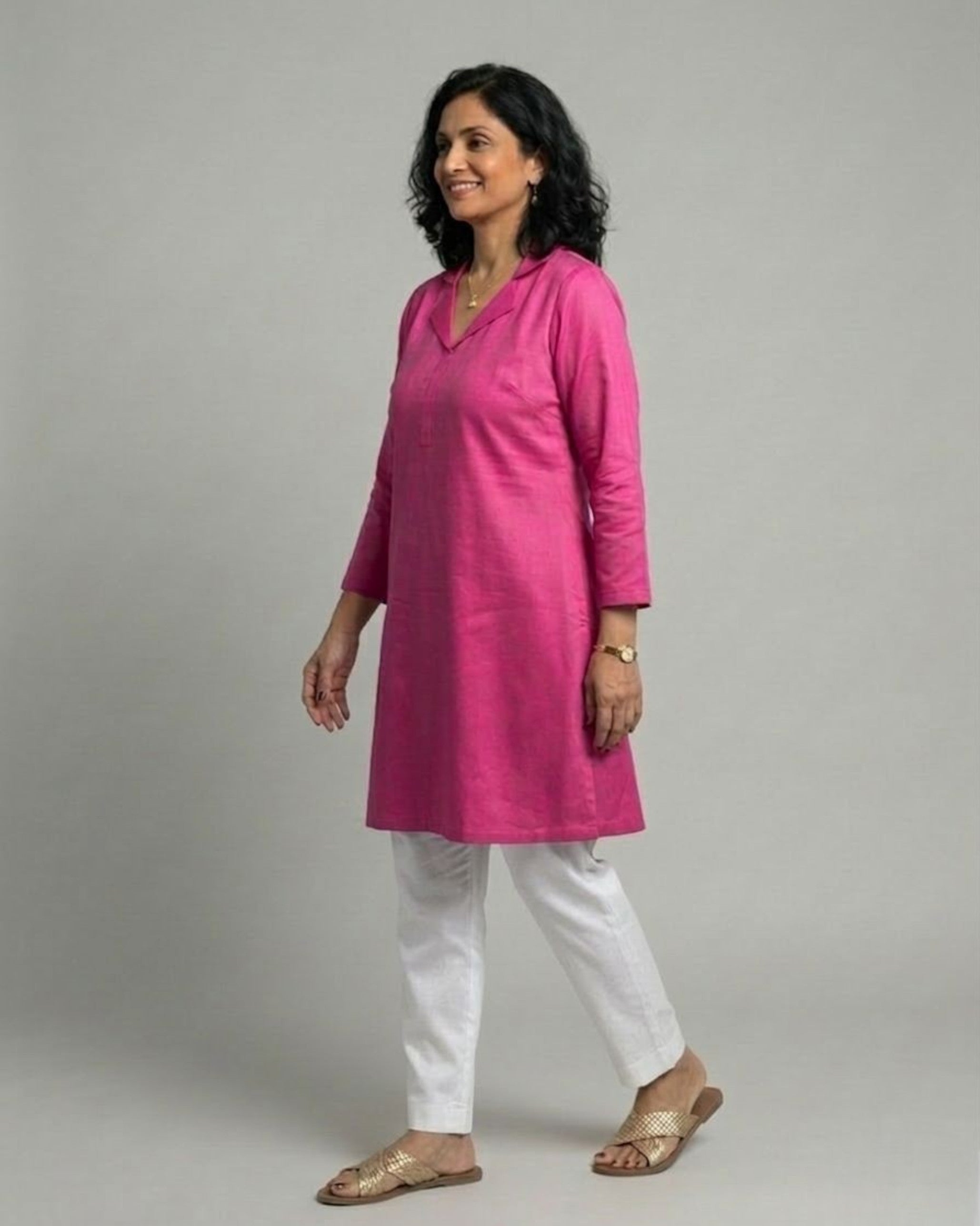 Fuchsia Cotton Satin Short Co-ord Set with Ivory Pants