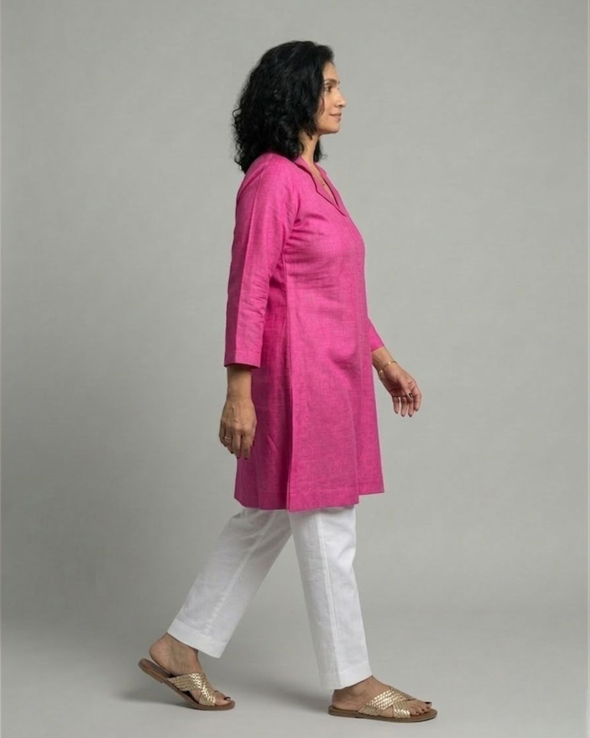 Fuchsia Cotton Satin Short Co-ord Set with Ivory Pants