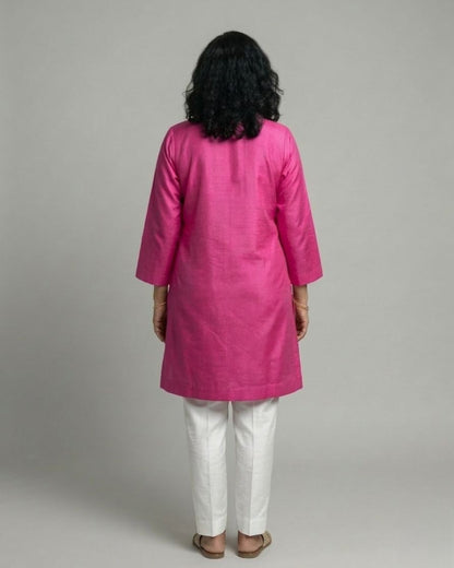 Fuchsia Cotton Satin Short Co-ord Set with Ivory Pants