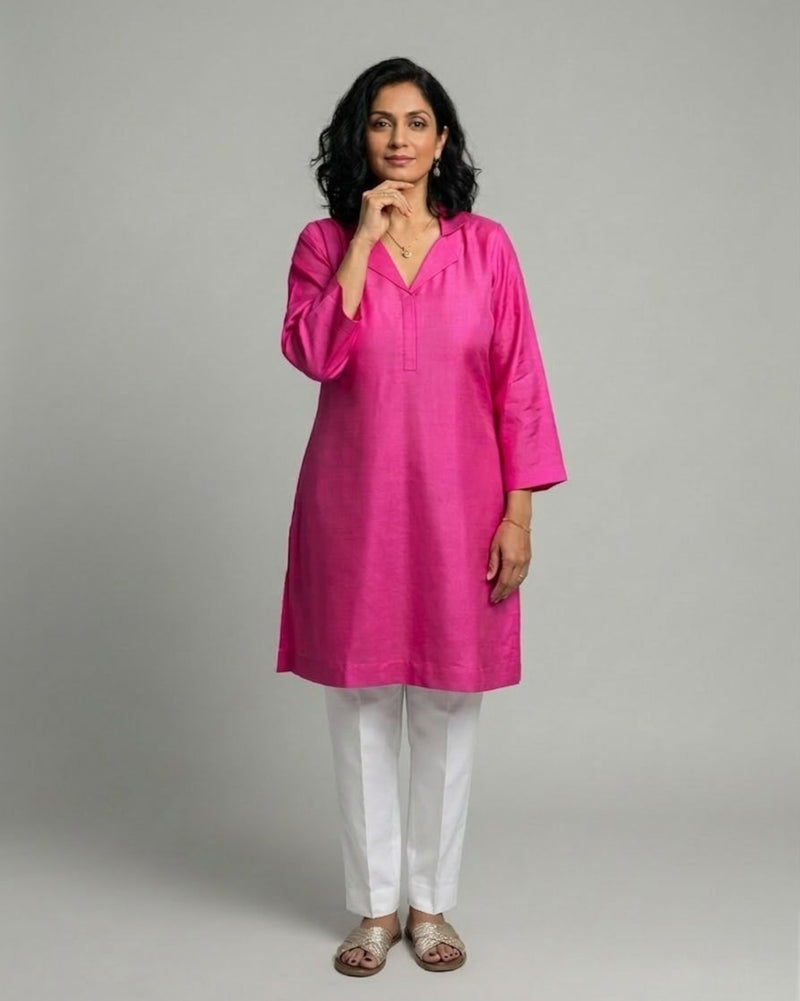 Fuchsia Cotton Satin Short Co-ord Set with Ivory Pants