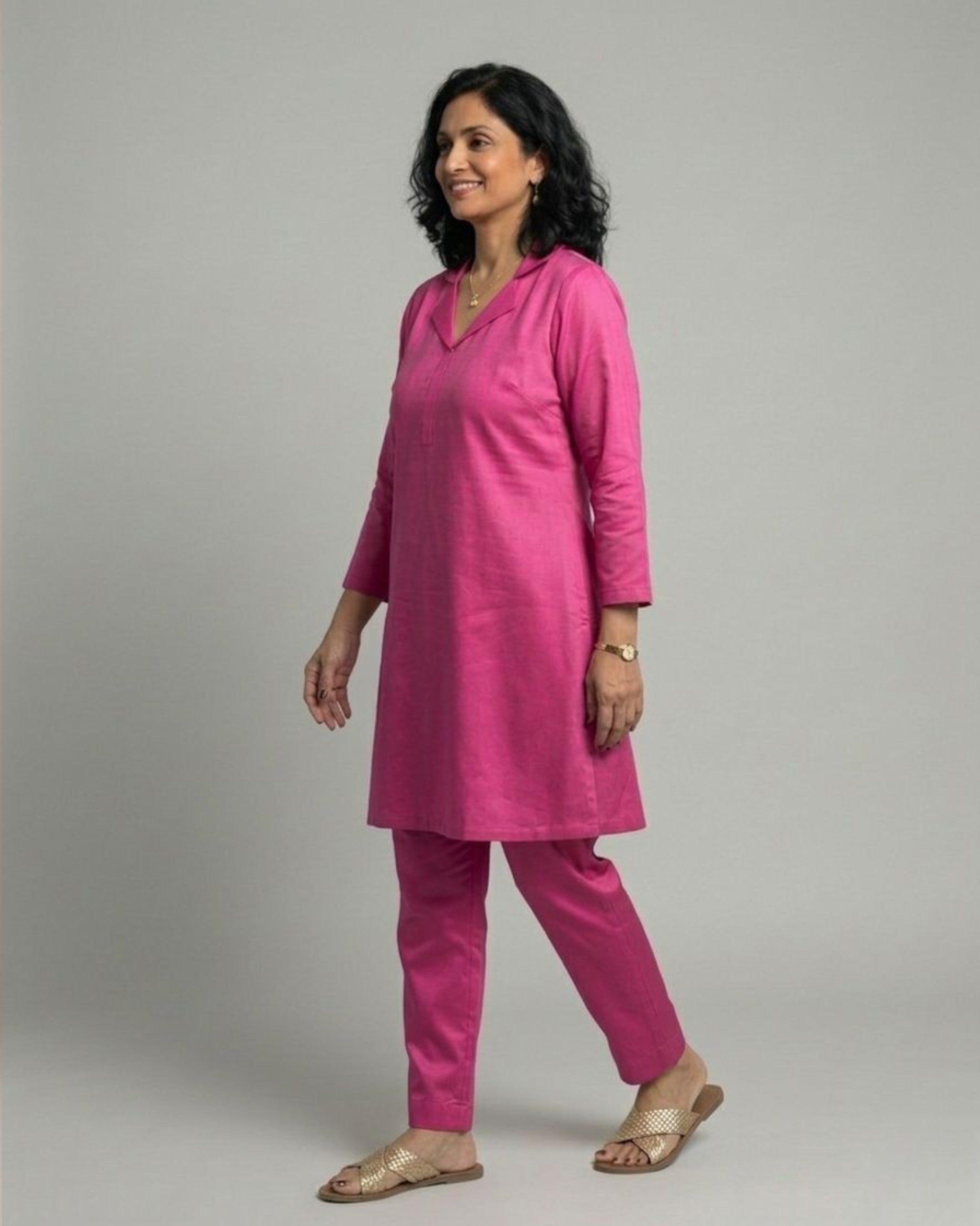 Fuchsia Cotton Satin Short Co-ord Set with Fuchsia Pants