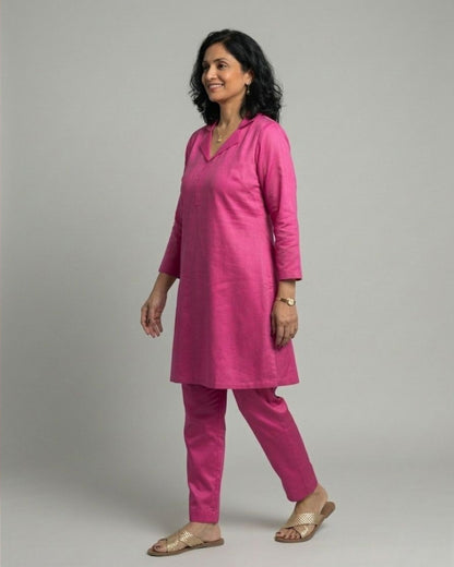 Fuchsia Cotton Satin Short Co-ord Set with Fuchsia Pants