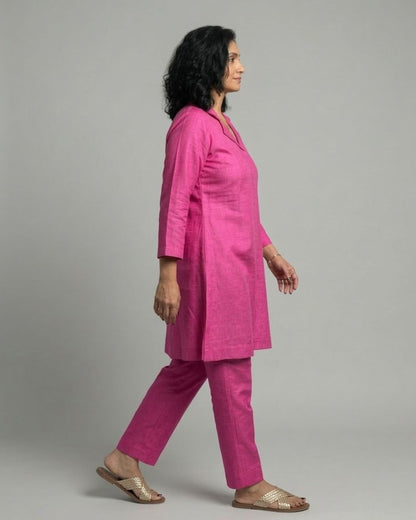 Fuchsia Cotton Satin Short Co-ord Set with Fuchsia Pants