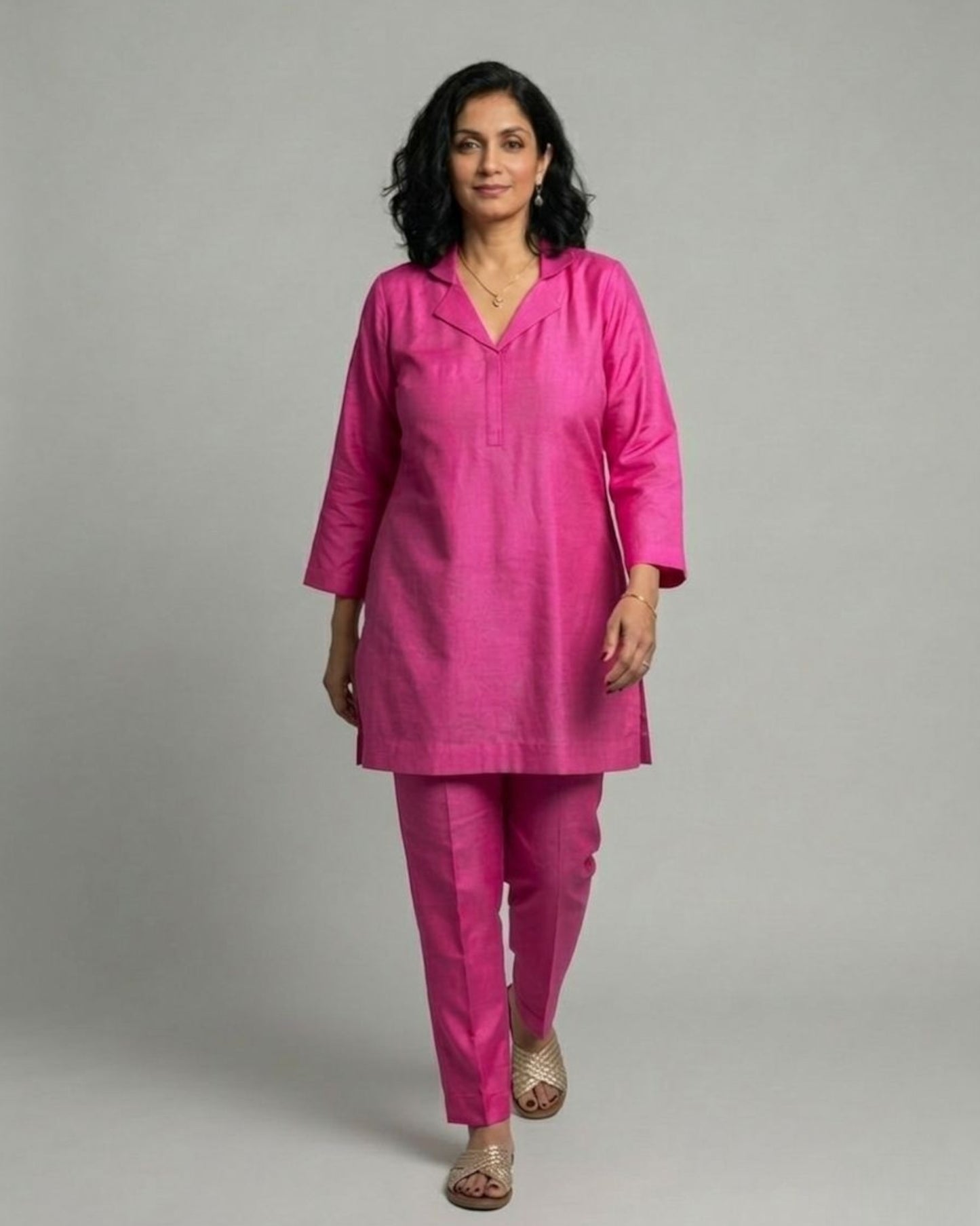 Fuchsia Cotton Satin Short Co-ord Set with Fuchsia Pants