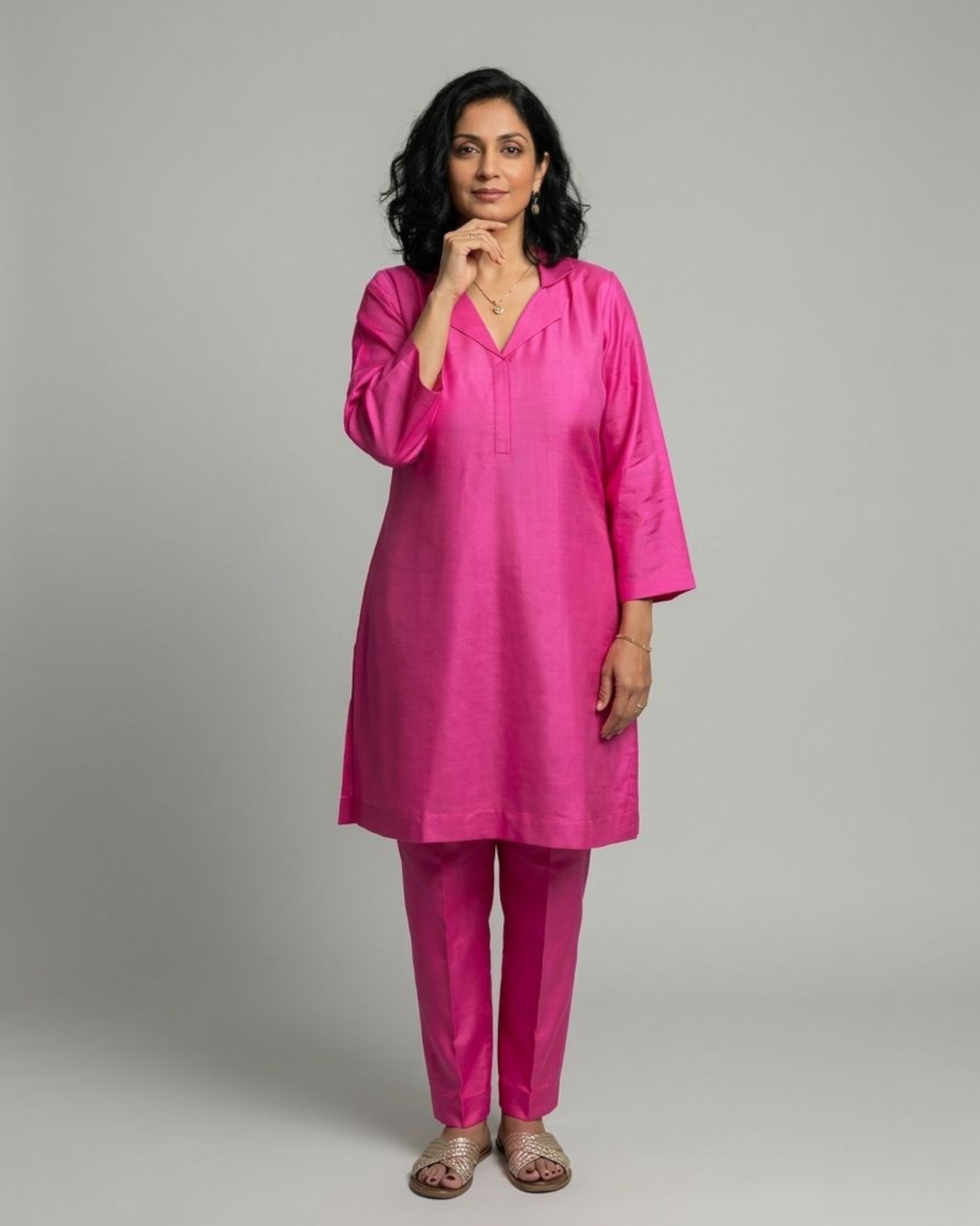 Fuchsia Cotton Satin Short Co-ord Set with Fuchsia Pants