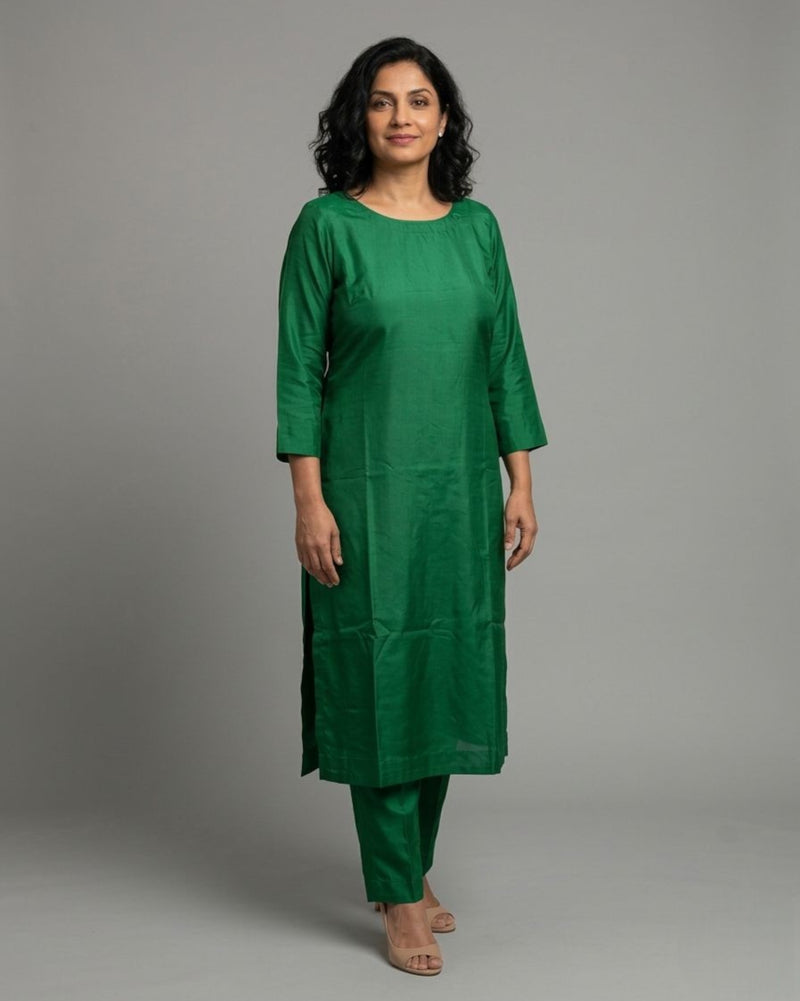 Emerald Cotton Satin Straight Kurta Set - Green