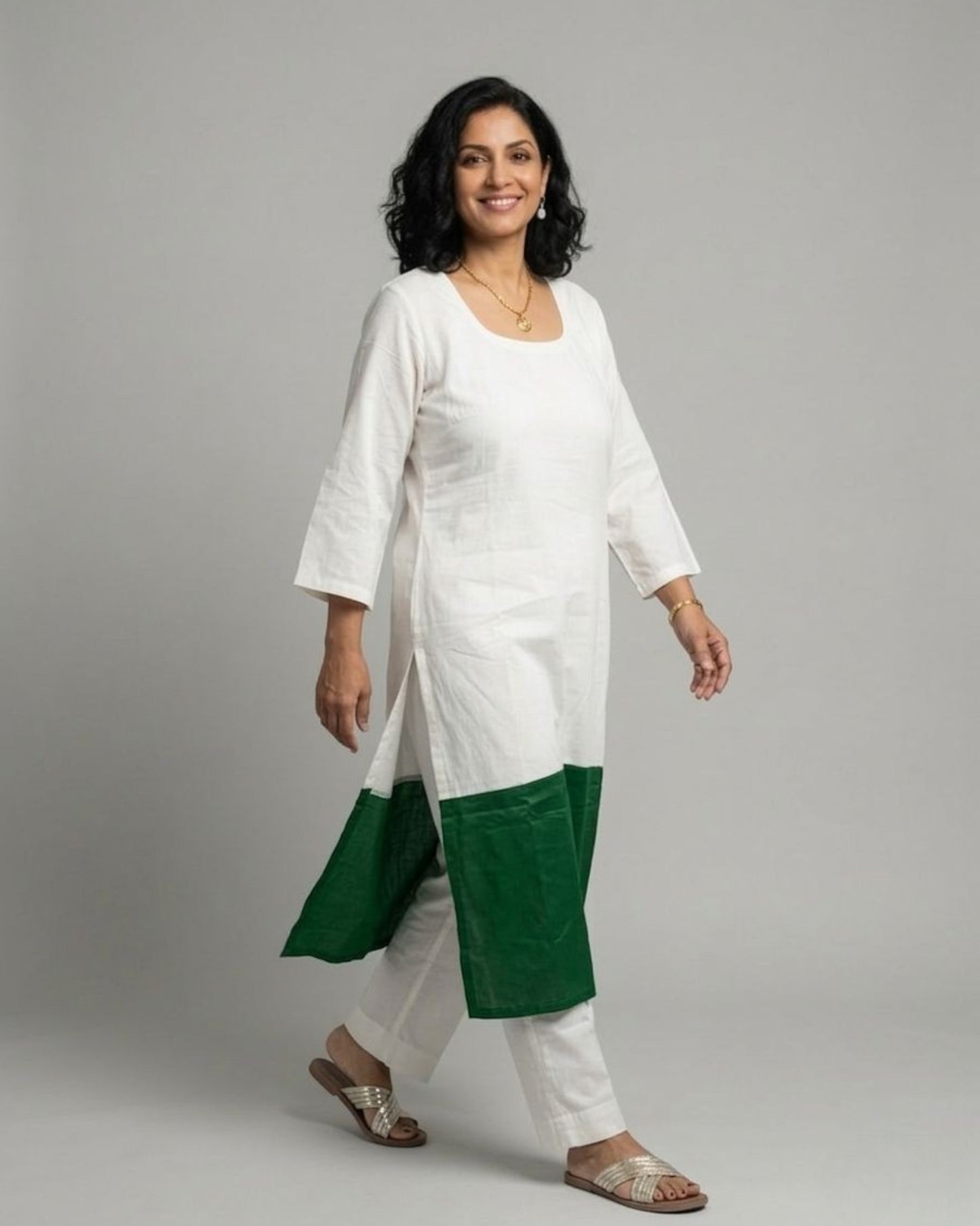 Emerald Hem Cotton Satin Kurta Set - Off-White & Green