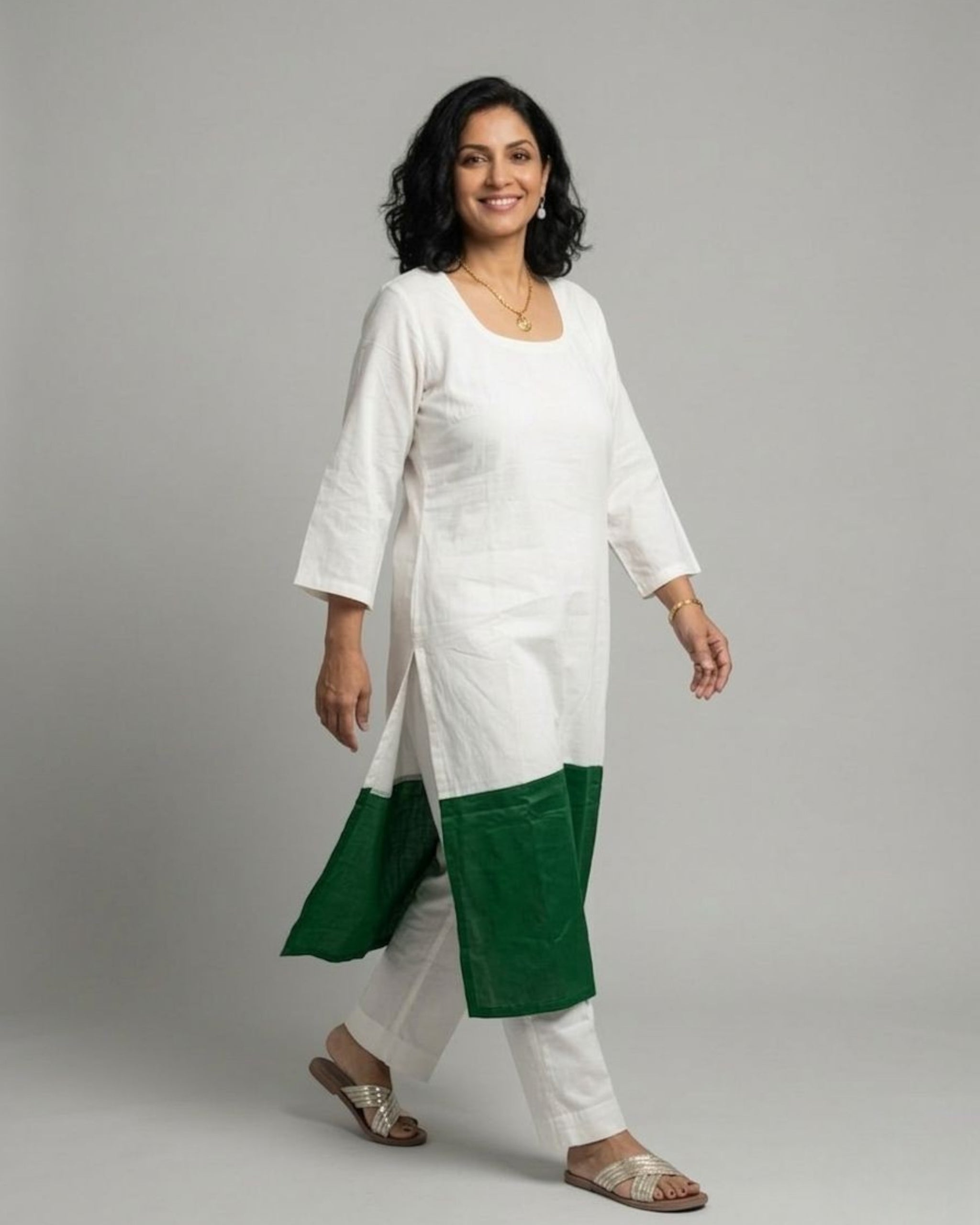 Emerald Hem Cotton Satin Kurta Set - Off-White & Green