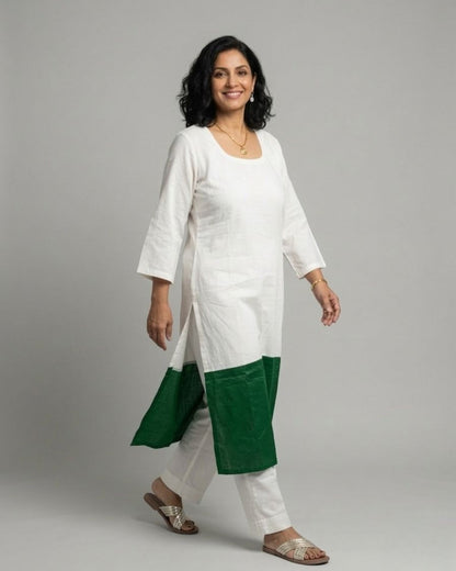 Emerald Hem Cotton Satin Kurta Set - Off-White & Green
