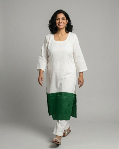 Emerald Hem Cotton Satin Kurta Set - Off-White & Green
