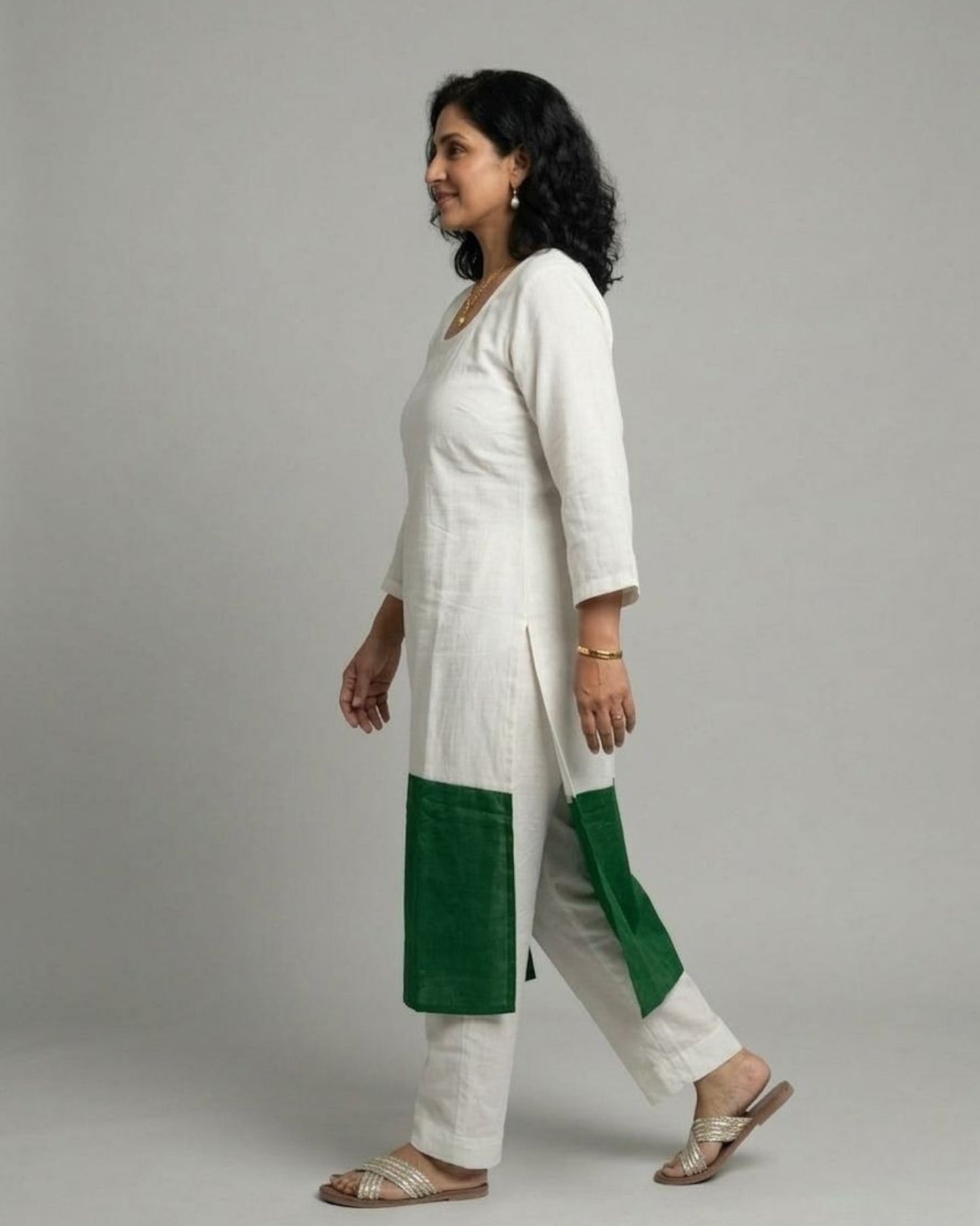 Emerald Hem Cotton Satin Kurta Set - Off-White & Green