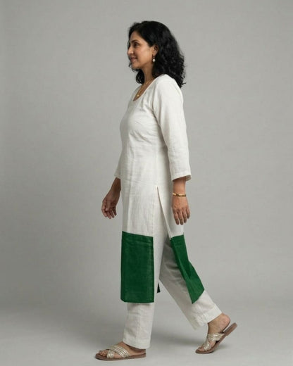 Emerald Hem Cotton Satin Kurta Set - Off-White & Green