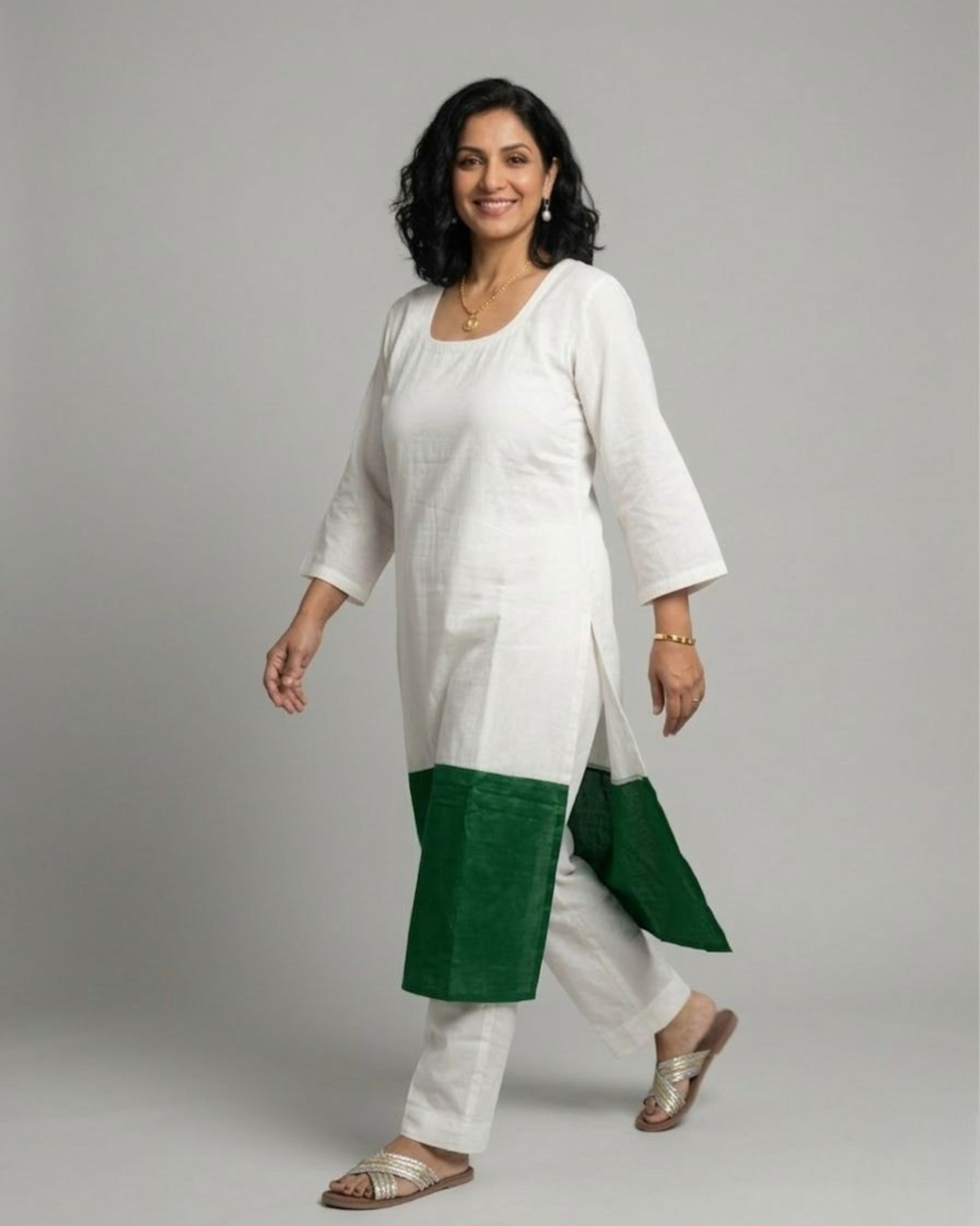Emerald Hem Cotton Satin Kurta Set - Off-White & Green