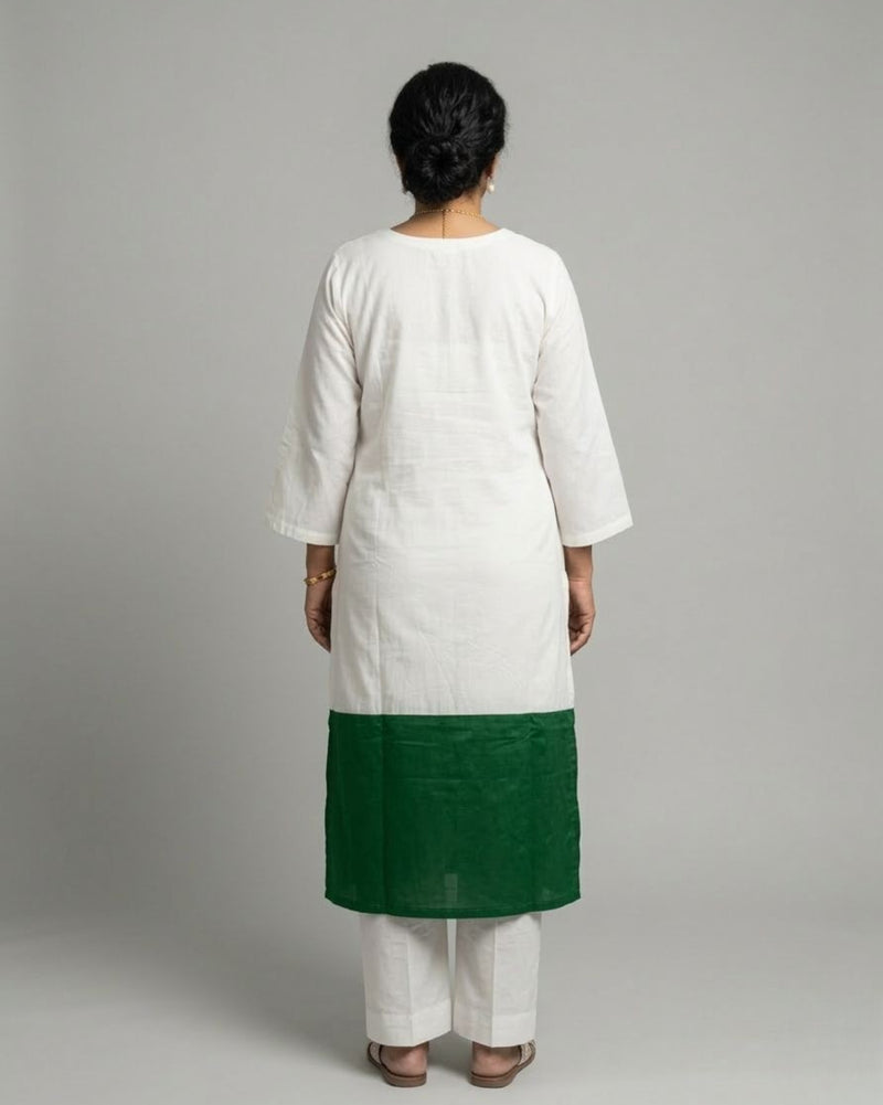 Emerald Hem Cotton Satin Kurta Set - Off-White & Green