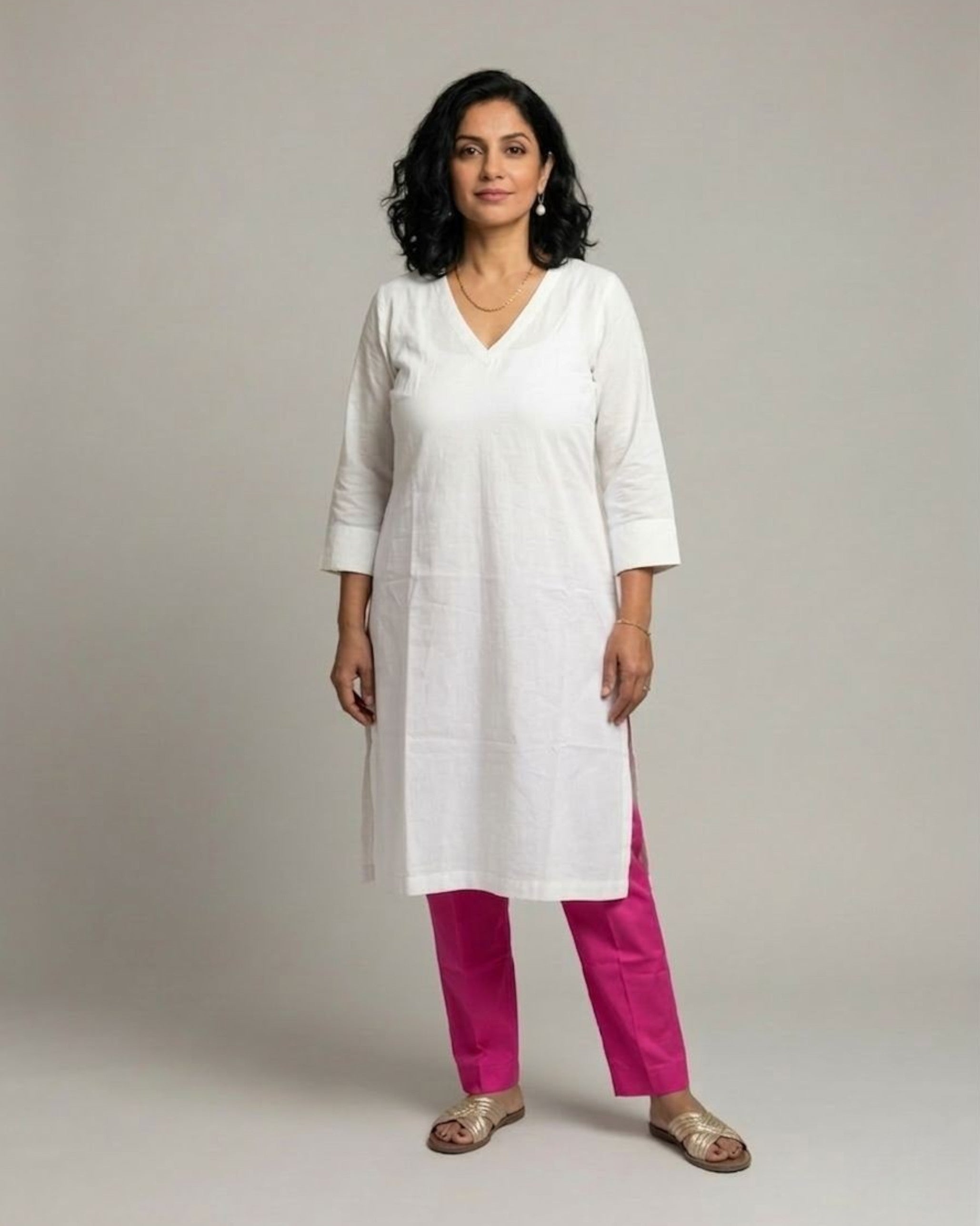 Ivory Cotton Satin Kurta Set with Fuchsia Pants - Off-White
