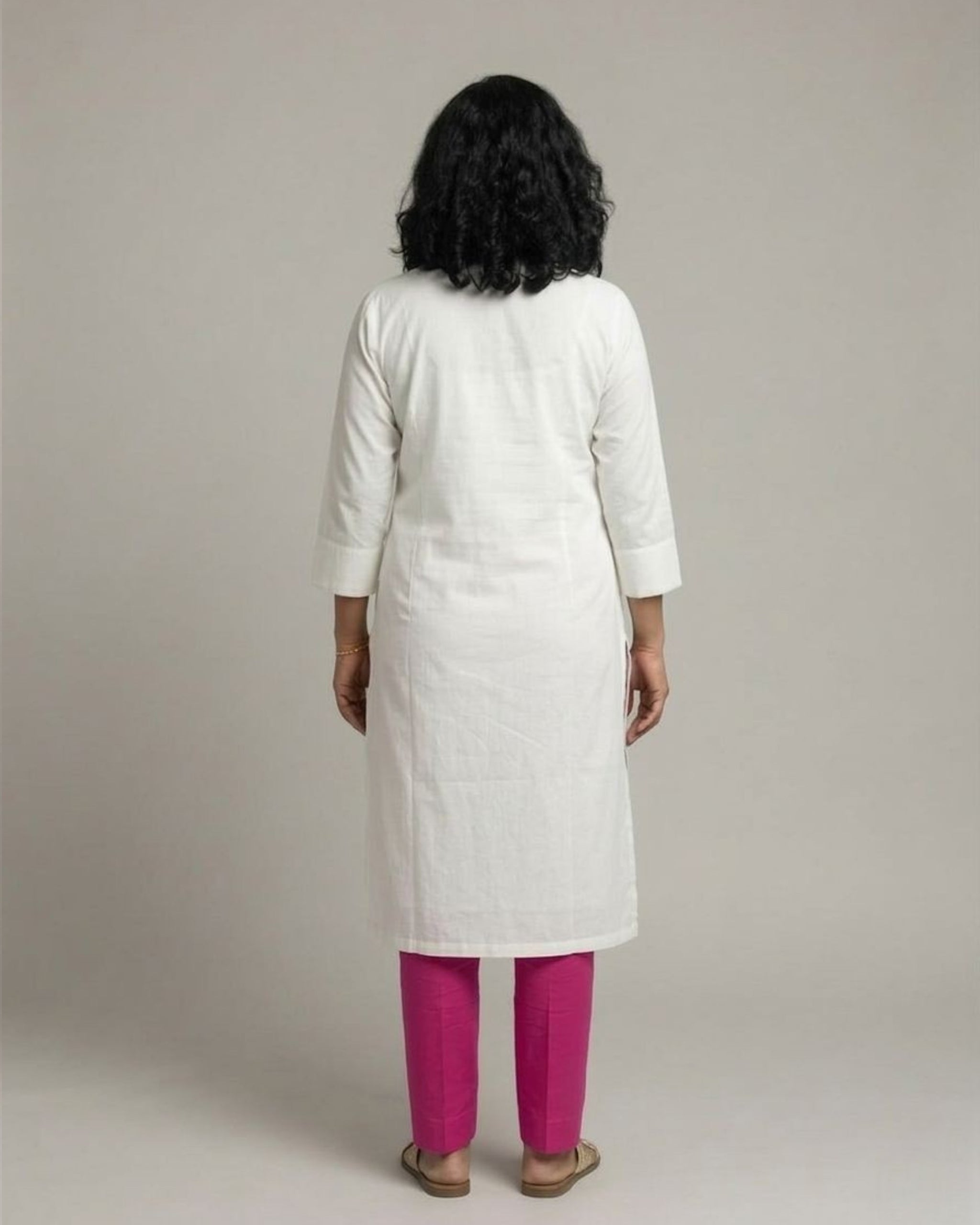 Ivory Cotton Satin Kurta Set with Fuchsia Pants - Off-White