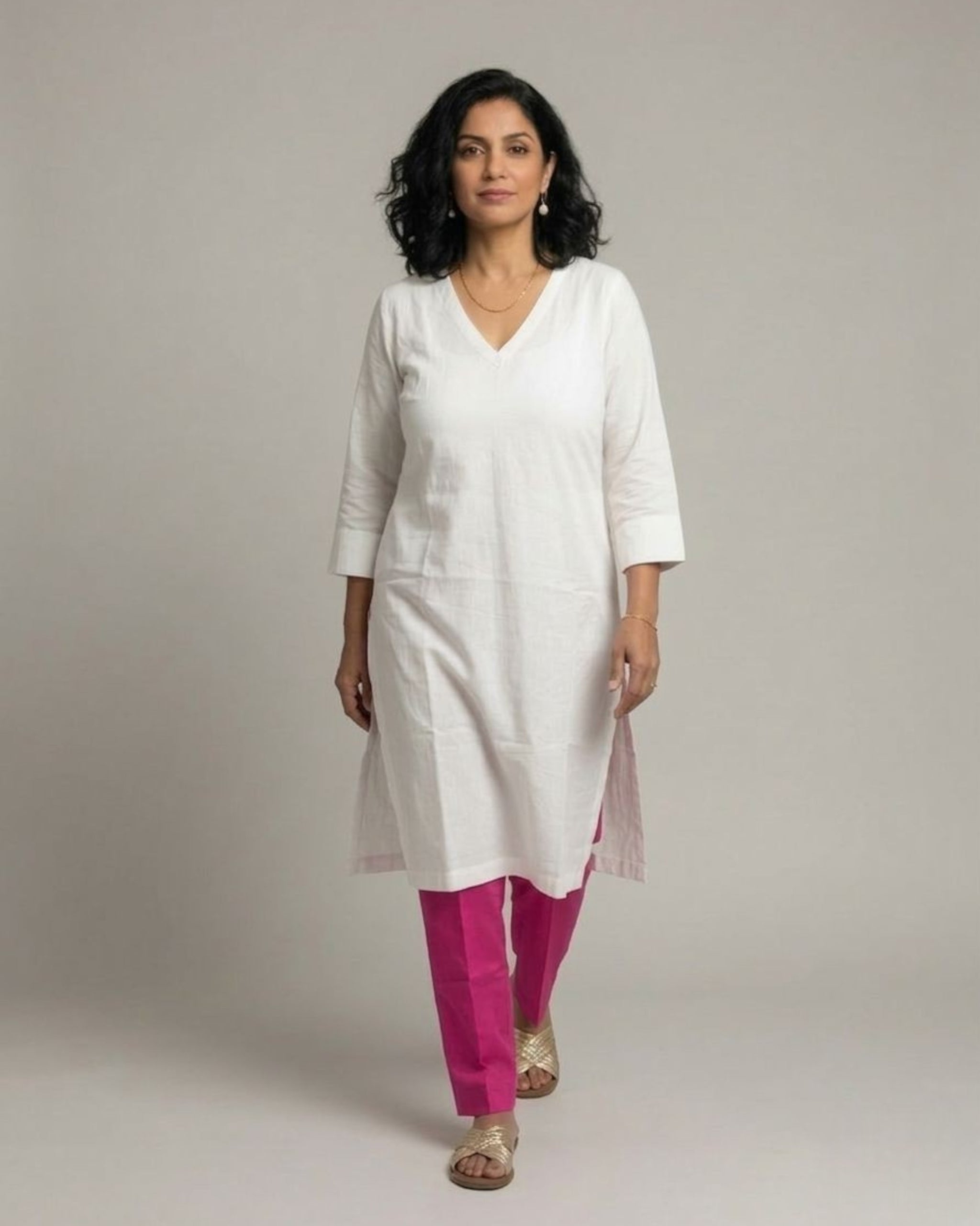 Ivory Cotton Satin Kurta Set with Fuchsia Pants - Off-White