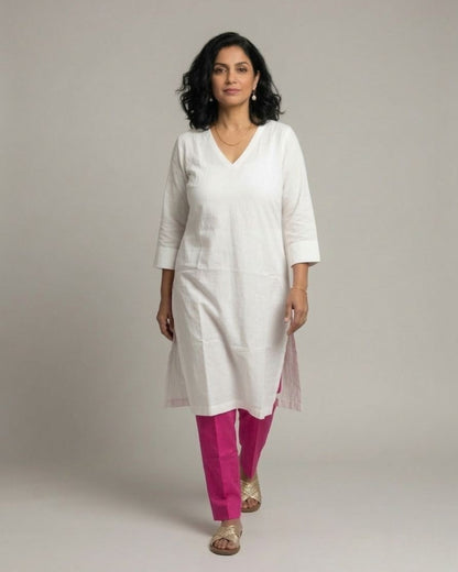 Ivory Cotton Satin Kurta Set with Fuchsia Pants - Off-White